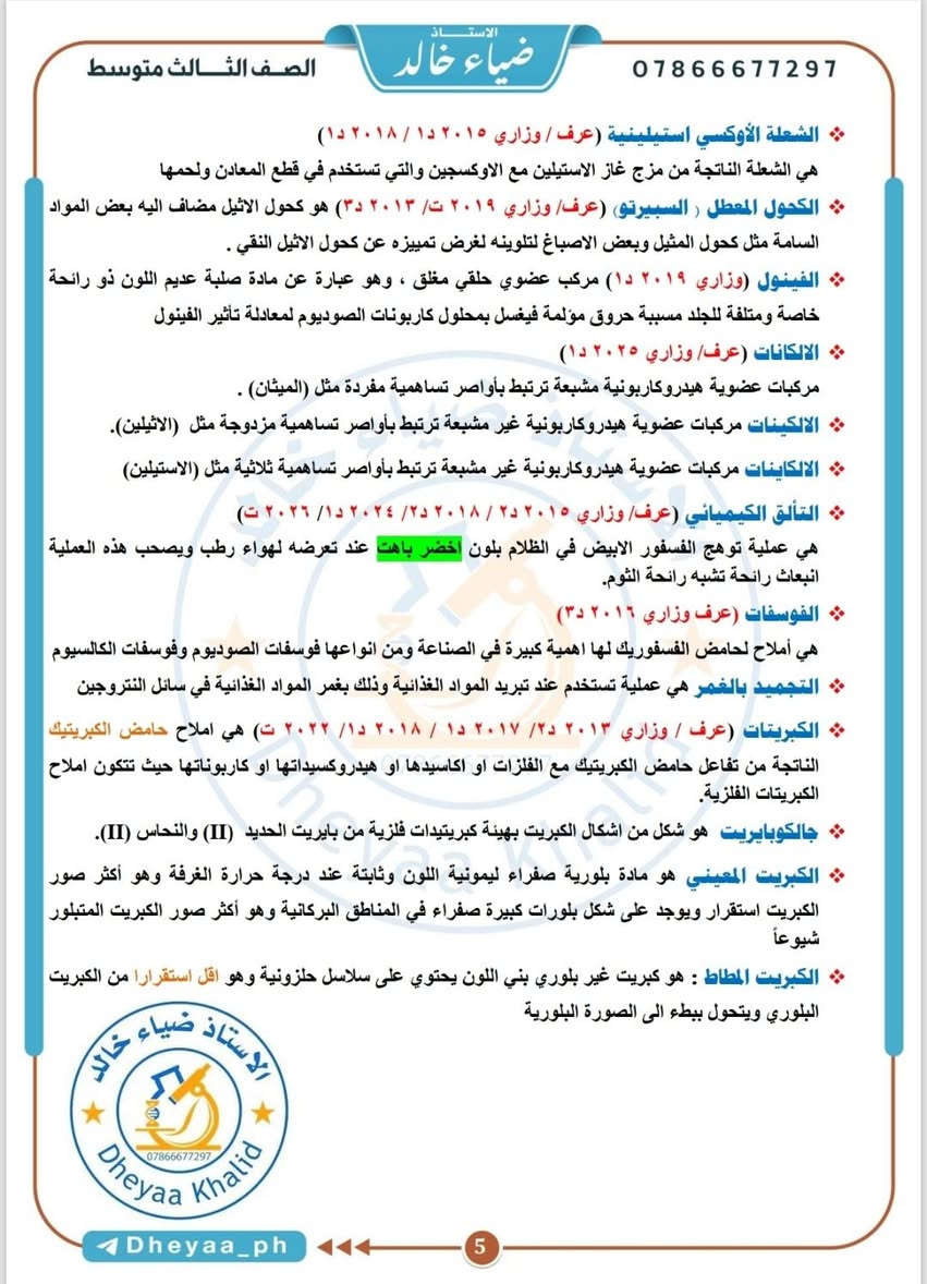 🔴 #القمة_في_الكيمياء 💯🏆

🔰 لا يخفى على الجميع ان جدول امتحان #الكيمياء صار بي ظلم ووقت مراجعته ( #يوم ونص فقط ) بينما باقي المواد اقل مادة ٣ ايام للمراجعة لذا تم تقديم #القمة_في_الكيمياء (مراجعة يوم الامتحان) لغرض مراجعة المادة بيوم واحد فقط ، بعيداً عن ما يسمى (المرشحات) كوني ضد فكرة المرشحات كونها تظلم الطالب ، تتضمن (القمة في الكيمياء) التالي :  

✅️ جميع #التعاريف (١٠ درجات وزاري) 
✅️ جميع #التعاليل (١٠ درجات وزاري) 
✅️ جميع #الفراغات (١٠ درجات وزاري) 
✅️ جميع #الكشوفات (١٠ درجات وزاري) 
✅️ جميع #التحاضير (١٢ درجة وزاري)
✅️ جميع #المقارنات (٨ الى ١٠ درجات وزاري) 
✅️ جميع #الاستعمالات (٨ الى ١٠ درجات وزاري) 
✅️ جميع #الخواص_الفيزيائية (٨ الى ١٠ درجات وزاري) 
✅️ جميع افكار #تمارين الفصل الاول (١٢ درجة وزاري) وجميع افكار #مسائل الفصل الرابع (٨ الى ١٠ درجات وزاري) 
✅️ جميع #المعادلات (١٠ درجات وزاري) 
✅️ جميع الاسئلة #المتفرقة (وضح ، ماهي ، عدد ، تكلم) ١٠ درجات وزاري 

علماً ان الامتحان الوزاري (ست اسئلة مع ترك سؤال ولكل سؤال ٢٠ درجة المجموع ١٢٠ درجة + ٢٠ درجة ترك ضمني = المجوع ١٤٠ درجة)

🚨 سعر النسخة ٥ الاف فقط 

📍خدمة #توصيل 🚚 لجميع محافظات العراق 🇮🇶 

سارعوا بالحجز  : 
التواصل مع مكتبة ابو مصطفى (شارع المستودع / مقابل مرطبات زنبقة) 

📞 ***********
