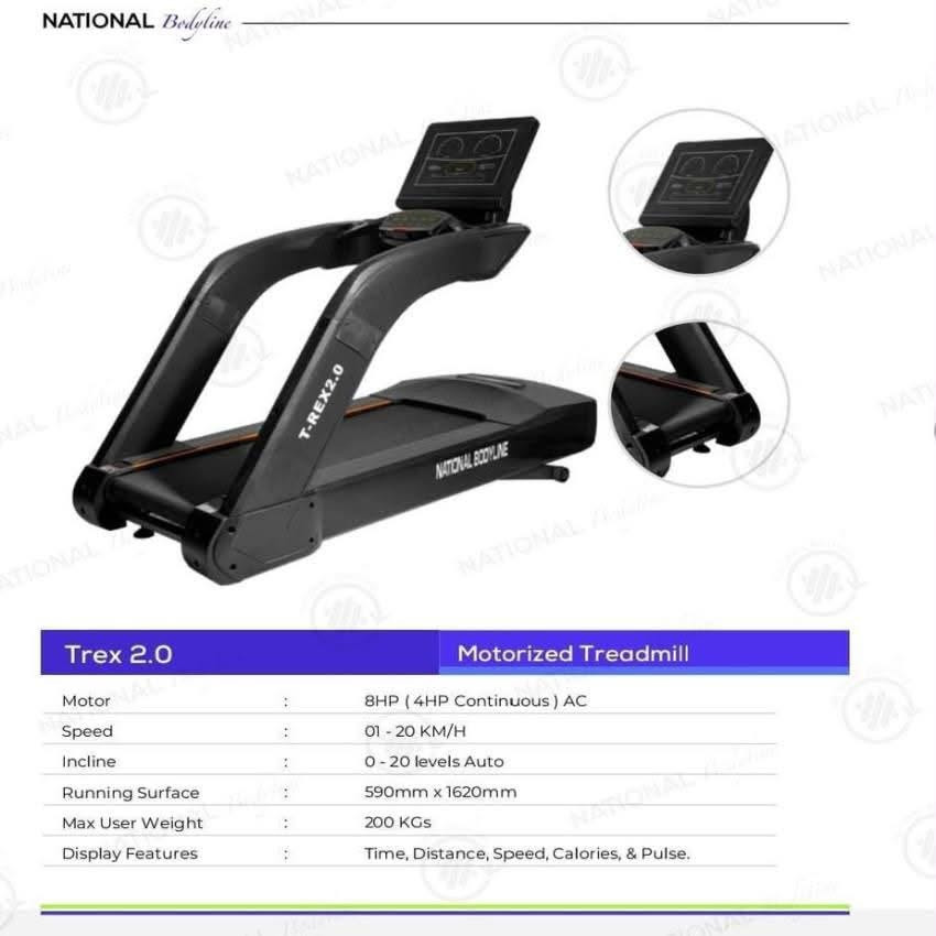🏃‍♂️ National Bodyline T-REX 2.0
جهاز سير كهربائي احترافي (Commercial Treadmill)

المواصفات:

* محرك AC بقوة 8 HP (4 HP تشغيل مستمر).
* سرعة من 1 إلى 20 كم/ساعة.
* ميلان كهربائي أوتوماتيكي 20 مستوى.
* مساحة الجري 59 × 162 سم.
* يتحمل وزن حتى 200 كغم.
* شاشة LED تعرض:
    * الوقت
    * السرعة
    * المسافة
    * السعرات الحرارية
    * النبض
* نظام امتصاص صدمات لحماية الركبتين والمفاصل.
* هيكل تجاري قوي للاستخدام المكثف.
* مناسب للنوادي الرياضية، الفنادق، ومراكز اللياقة
المكان : الديوانية 
للتواصل خاص او على الرقم 
***********
