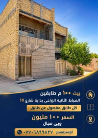 فرصة للعنده عائلتين ... او اخوة اثنين بيت طابقين ١٠٠ م للبيع  كل طابق ...