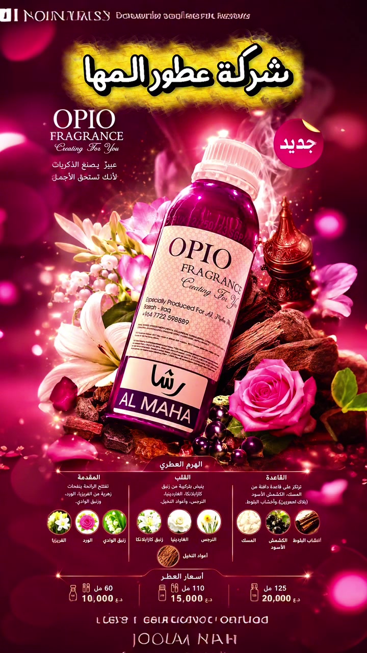 🔥 شركة عطور المها 🔥

رشا - Rasha

الهرم العطري:المقدمة: تفتتح الرائحة بنفحات زهرية من الفريزيا، الورد، وزنبق الوادي.القلب: ينبض بتركيبة من زنبق كازابلانكا، الغاردينيا، النرجس، وأعواد النخيل.القاعدة: ترتكز على قاعدة دافئة من المسك، الكشمش الأسود (بلاكبcurrent)، وأخشاب البلوط.

شركة عطور المها 
للاستعلام والتوصيل
☎️***********
Whatsapp : wa.me/9647778156791
TikTok : https://www.tiktok.com/@almahaperfume8?_t=ZS-8y1w4CjaRd4&_r=1
Instgram : https://www.instagram.com/almaha_co_4?igsh=eWRpdDhvcDVkY3kx&utm_source=qr
Youtube : https://youtube.com/@almaha.perfume?si=bNhrOv6sgOpD6M0a
