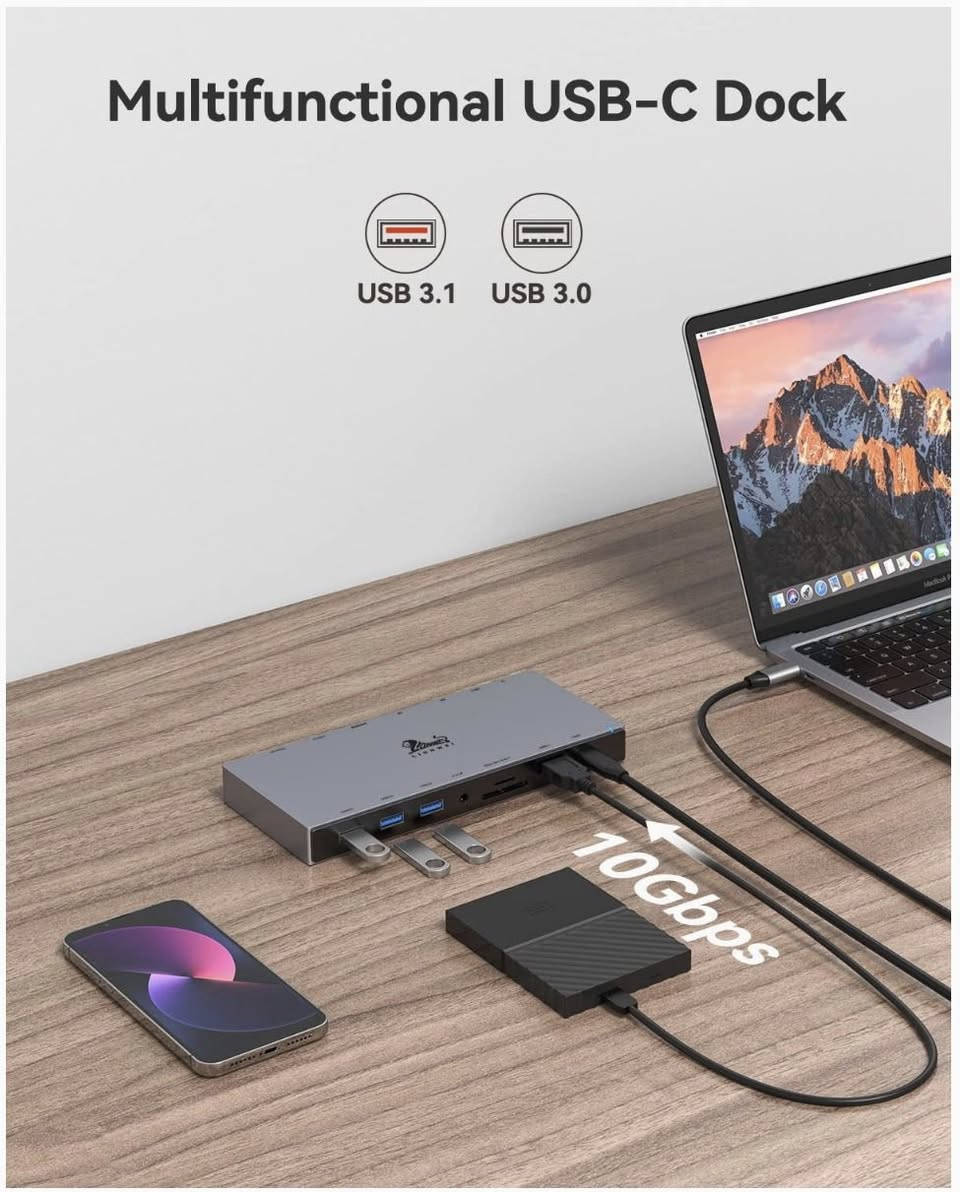 تُعد قاعدة الإرساء Lionwei USB C محولاً متعدد المنافذ يوسع منفذ USB-C أو Thunderbolt 3/4 في الكمبيوتر المحمول لديك إلى مجموعة واسعة من الخيارات الإضافية للاتصال والشحن ونقل البيانات. 
الميزات والمواصفات الرئيسية
تختلف المنافذ الدقيقة اعتمادًا على الطراز (تتوفر طرازات 12 في 1 و 13 في 1 و 15 في 1)، ولكن الميزات الشائعة تشمل:
منافذ العرض: تدعم إعدادات الشاشة المزدوجة أو الثلاثية. غالبًا ما تتضمن منافذ HDMI بدقة 4K ومنافذ DisplayPort.
توصيل الطاقة (PD): تحتوي على منفذ USB-C PD يدعم شحن الكمبيوتر المحمول الخاص بك بقدرة تصل إلى 100 واط (حوالي 87 واط فعليًا بعد استهلاك القاعدة للطاقة).
نقل البيانات:
منافذ USB-A و USB-C 3.1 توفر سرعات نقل بيانات تصل إلى 10 جيجابت في الثانية في بعض الطرازات.
منافذ USB 3.0 توفر سرعات تصل إلى 5 جيجابت في الثانية.
قارئات بطاقات SD و microSD لنقل الملفات بسرعة.
الشبكة والصوت: منفذ إيثرنت جيجابت (RJ45) للاتصال السلكي بالإنترنت ومقبس صوت/ميكروفون 3.5 ملم.
التوافق: متوافقة على نطاق واسع مع أجهزة الكمبيوتر المحمولة التي تعمل بنظامي التشغيل Windows و macOS والتي تحتوي على منفذ USB-C كامل الوظائف (يدعم وضع DisplayPort البديل وتوصيل الطاقة).
…
المكان اربيل التوصيل لجميع محافظات العراق
للاستفسار واتساب ***********
