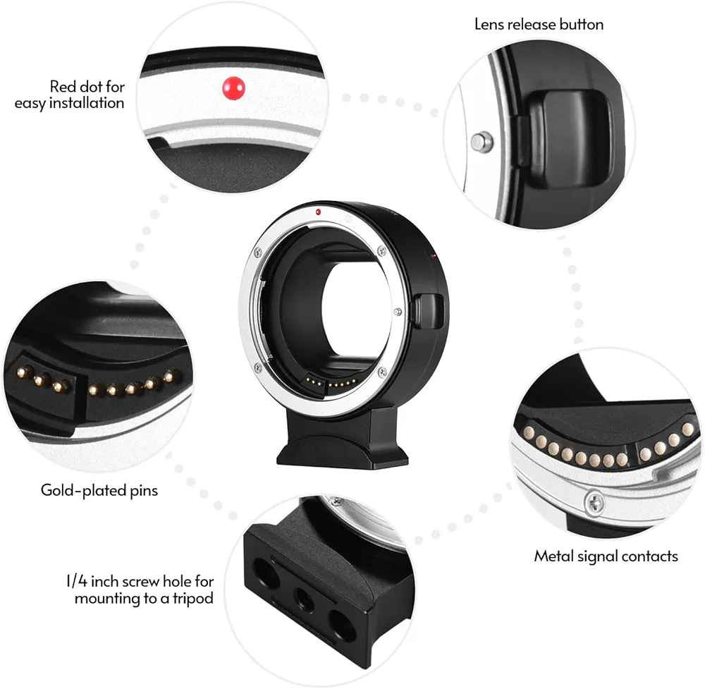 Andoer EF-EOSR Auto Focus Camera Lens Adapter Ring IS Image Stabilization Electronic Aperture Control EXIF Information Replacement for Lens for Canon

ادبتر لكاميرات كانون الميرورليس فئة R
يخلي العدسات القديمة مال كانون تشتغل على الكاميرات الحديثة 
يدعم اوتو فوكس AF
يدعم المثبت البصري IS
يدعم معلومات الصورة وملفاتها
يدعم التحكم بفتحة العدسة 
لكاميرات الفول فريم والكروب فريم يعني يرهم للكل 

50 الف 
ويتوفر توصيل بغداد, العراق


**إذا كنت صاحب هذا الإعلان وتريد حذفه لأي سبب، رجاءا أرسل رسالة إلى الدعم الفني**