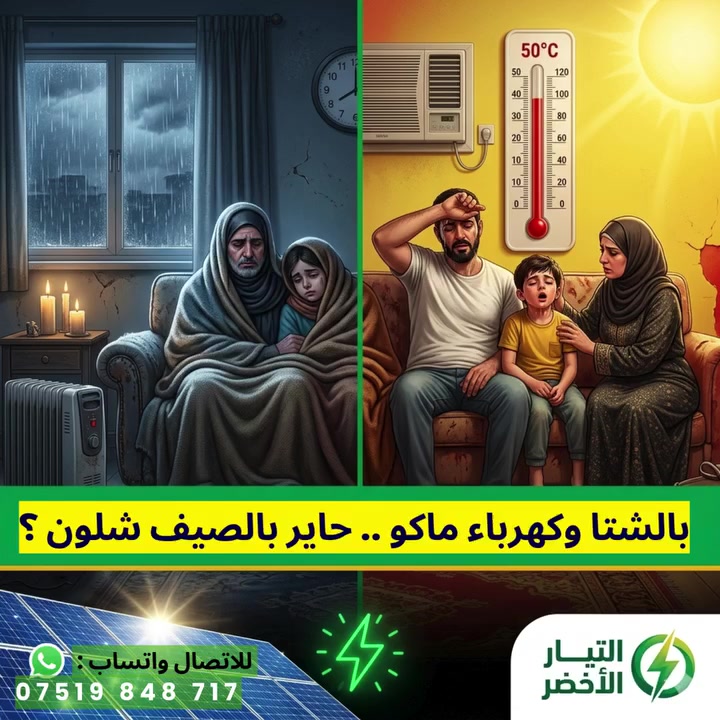 بالشتا وكهرباء ماكو ! وحاير بالصيف شلوون ؟! 

جبنالكم الحل ... من التيار الاخضر للطاقة الشمسية

احجز منظومتك هسه واخلص من حر الصيف 

الصيف الجاي مو مثل كل صيف.
ساعات انقطاع الكهرباء راح تطول، والحر راح يزيد، والمولدات راح تگعد تاخذ فلوسك وأنت تنتظر بدون تشغيل 24 ساعة..

لا تنتظر من الآن، جهز راحة بيتك مع التيار الأخضر.
منظومات طاقة شمسية تضمن لك:
✅ كهرباء مستمرة بدون انقطاع 
✅ بيتك بارد طول الصيف
✅ دعم فني متواصل
✅ توفير فلوس المولدة للأبد

شتا بدون كهرباء نتحمله .. بس لا تكرر نفس المعاناة بالصيف.

📞 اتصل أو واتساب الآن:  ***********
أو اترك تعليق "حجز" وفريقنا يتواصل معك.

