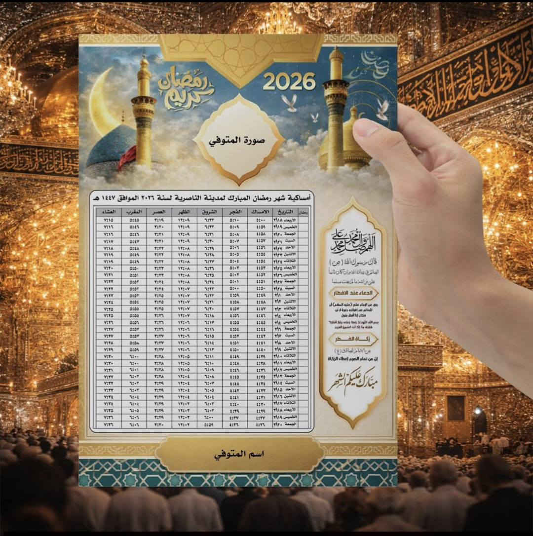 🌙 #إمساكيات #شهر #رمضان #المبارك
نوفر لكم إمساكيات شهر رمضان المبارك خاصة بقضاء الرفاعي فقط

100 امساكية ب 5 الف
150 امساكية ب 8 الف
200 امساكية ب 10 الف
300 امساكية ب 15 الف
400 امساكية ب 20 الف
500 امساكية ب 25 الف

(((‏توصيل مجاني))) 

🖨️ طباعة واضحة – ورق ممتاز – تصميم أنيق
📄 مناسبة للمحلات، الجوامع، الحسينيات، البيوت
📍 التوقيتات دقيقة حسب قضاء الرفاعي
📦 الكميات متوفرة – أسعار مناسبة
📩 للطلب والاستفسار مراسلتنا خاص 
او لأتصال على ***********  /  ***********
