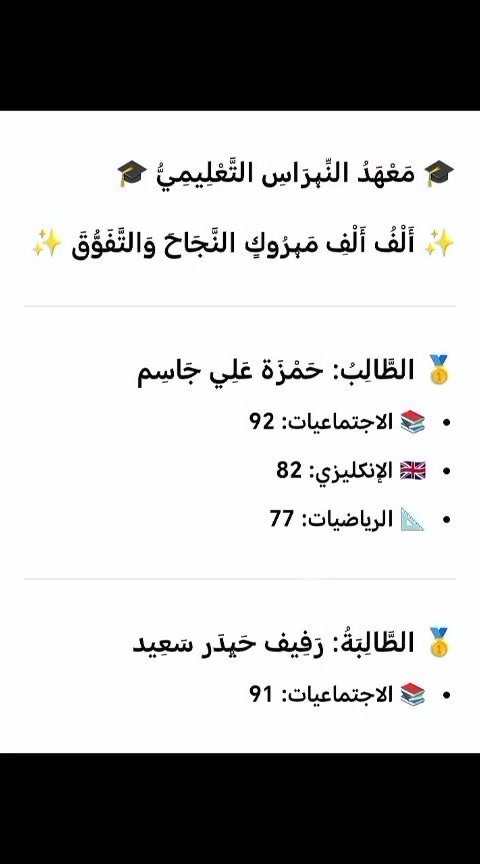 الف مبروك لطلابنا وشكرا للكادر التدريسي دورات تقوية لكافة المراحل ابتدائية ومتوسطة واعدادية شهداء البياع مجاور سوق رضا ***********

