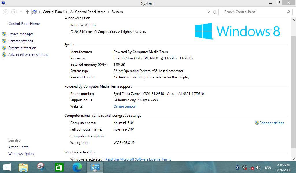 السلام عليكم 
لابتوب hp mini 5101
مواصفاته موضحه بالصور 
معالج اتوم N280 
رام 1gb ddr2 
هارد hdd 160gb 
وايفاي و بلوتوث شغالات
نظام ويندوز 8.1 منصب عليه برامج اوفيس 2012 و ماتلاب 2007 للهندسه مفعلات و كم لعبه بسيطه 
السعر 30 الف و التوصيل من طرفك يعني ما عندي توصيل للتواصل واتساب ***********
