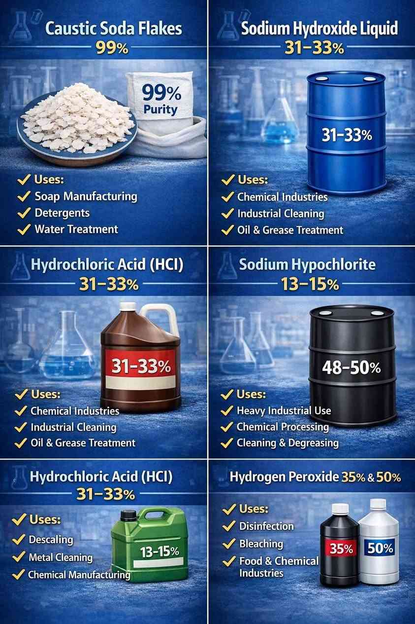 شركه WellTreat Chemicals Supply  توفر لك معظم المواد الكيميائية الي تحتاجها فى الصناعات الغذائيه والصناعيه والنفطيه ومعالجه والمياه. 
 Detergents & Cleaning Chemicals
•  Sodium Lauryl Ether Sulfate (SLES) TEXAPON 
•  Cocamide Ethanolamine 
•  Dye Colors (Red, Blue, Green, Orange) 
•  Perfumes 
Food Additives & Preservatives
•  Sodium Tripolyphosphate (STPP)
•  Sodium Citrate
•  Sodium Hexametaphosphate (SHMP)
•  Sodium Nitrite / Sodium Nitrate
•  Sodium Benzoate
•  Potassium Sorbate
•  Citric Acid Monohydrate / Anhydrous
•  Boric Acid
 Industrial Chemicals
•  Caustic Soda Flakes 99%
•  Sodium Hydroxide Liquid 31–33%
•  Sodium Hydroxide Liquid 48–50%
•  Hydrochloric Acid (HCL) 31–33%
•  Sodium Hypochlorite 13–15%
•  Hydrogen Peroxide 35% & 50%
•  Sodium Carbonate (Soda Ash) Light
•  Sodium Silicate Liquid
•  Sodium Sulfate Anhydrous
•  Sodium Chloride (Salt)
•  Sodium Thiosulfate
•  Mono Ethylene Glycol
•  Methanol 
•  Nitric Acid
•  IPA (Isopropyl Alcohol)
•  Xylene 
Water Treatment & Oilfield Chemicals
•  Poly Aluminium Chloride (PAC) White & Yellow
•  Polyacrylamide (PAM)
•  Purolite C100E
•  Alum Sulphate 17%
•  Ferric Chloride 40%
•  Antiscalants (BW704 / MDC704I / MDC776)
•  Biocide THPS 50%
•  Corrosion Inhibitors (CORRSHEILD MD4100 / NT4209 / 3000)
•  Calcium Carbonate (CaCO₃)
•  Barite 4.2 sg
•  Bentonite API 13A


**إذا كنت صاحب هذا الإعلان وتريد حذفه لأي سبب، رجاءا أرسل رسالة إلى الدعم الفني**