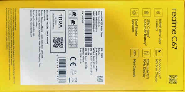 ريلمي C67 
جهاز لوك ماخذو مشلع دين 
ذاكره 256
كامره 108 
رام 685 سناب دراكون 
شاحن سريع 33 واط سوبر جارج 
بطاريه 5000 ملي 
جهاز بعدو بالكارتون 
الموصل الايسر 
***********
*********** الحمدانية
