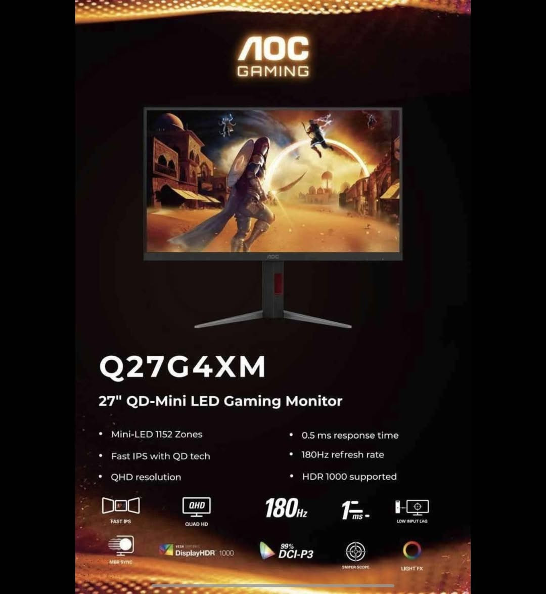 - Mini-LED 1152 Zones 

- 0.5 ms response time 

- Fast IPS with QD tech 

- 180Hz refresh rate 

- 99% DCI-P3 color 

- QHD resolution 

- HDR 1000 supported 

السعر 450,000
عنوان : البصرة - كوت الحجاج
*********** البصرة, العراق
