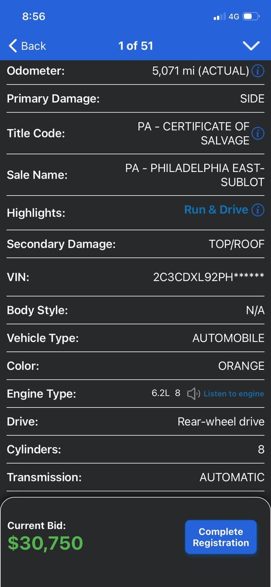 للفائدة
للي عنده كتاب دبلوماسي او كتاب ضباط متقاعدين
Dodge charger srt hellcat king daytona 2023
ماشية 5 الاف
ضرر موضح بالصور
شغالة
فول
محرك ثمانية سلندر 6200 سوبر جارج
وحدة من 300 قطعه فقط 
معروضة مزاد بموقع copart.com 
للمزايدة زيارة مكتب ماهر البدراوي لمزادات السيارات الامريكية و الكندية
الصالحية ٢٨ نيسان


**إذا كنت صاحب هذا الإعلان وتريد حذفه لأي سبب، رجاءا أرسل رسالة إلى الدعم الفني**