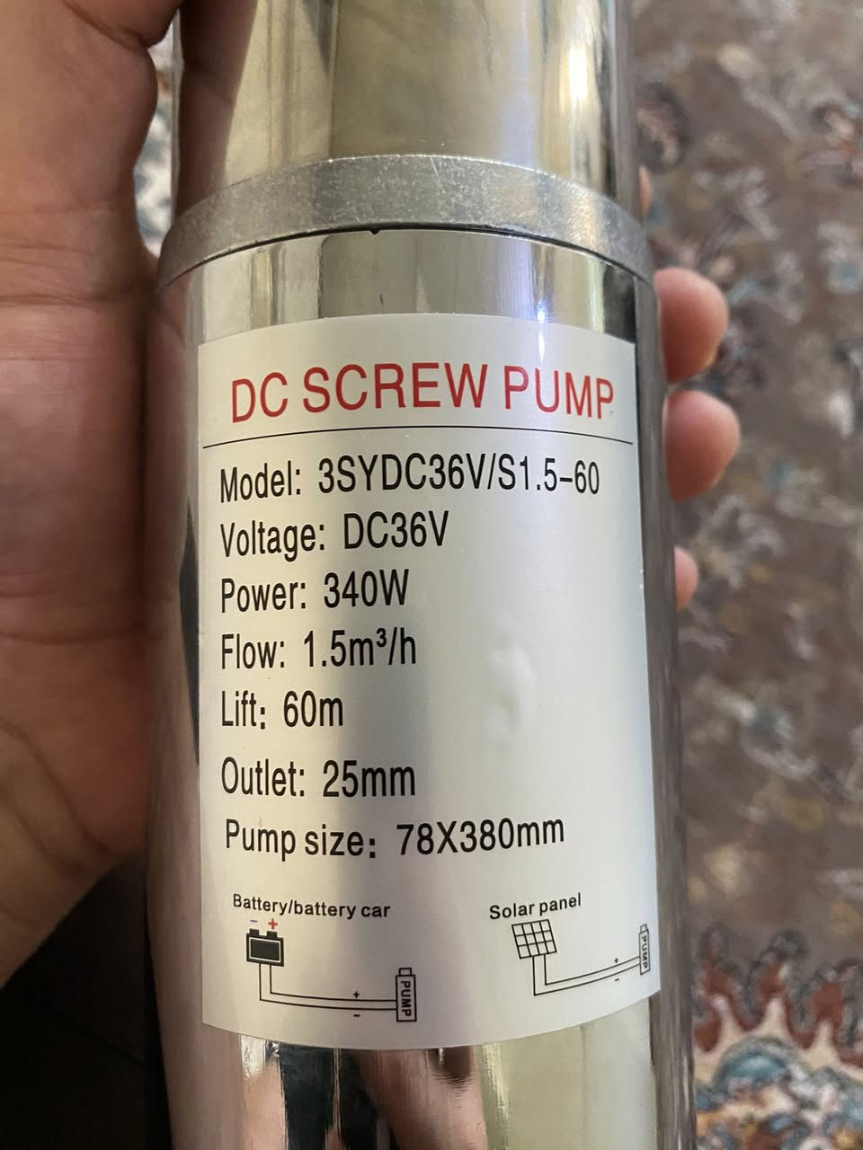 غطاس ماء ذكي وحديث (DC Screw Pump) وصل الآن! ☀️
 
وداعاً لمشاكل انقطاع الكهرباء وتكاليف الوقود! استخرج الماء من الآبار والخزانات بكل سهولة باستخدام الطاقة الشمسية أو بطارية السيارة مباشرة 

🔹 المواصفات الفنية للمضخة

التشغيل المباشر: تعمل على ☀️ ألواح الطاقة الشمسية أو 🔋 بطارية السيارة مباشرة (DC 36V)

قوة الرفع (الارتفاع): تدفع الماء لمسافة تصل إلى 60 متراً عمودياً

معدل التدفق: تضخ 1500 لتر من الماء في الساعة1.5 m 3 /h
حجم المخرج: 25 ملم (1 إنش)

التصميم: مصنوعة بالكامل من الستانلس ستيل المقاوم للصدأ، بحجم انسيابي (78x380mm) يناسب الآبار الضيقة.


**إذا كنت صاحب هذا الإعلان وتريد حذفه لأي سبب، رجاءا أرسل رسالة إلى الدعم الفني**