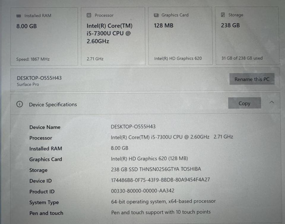 Microsoft Pro 5
Cor i5 th7
Hard SSD 256
Ram 8
Peace 230 ID

Phone me ***********
