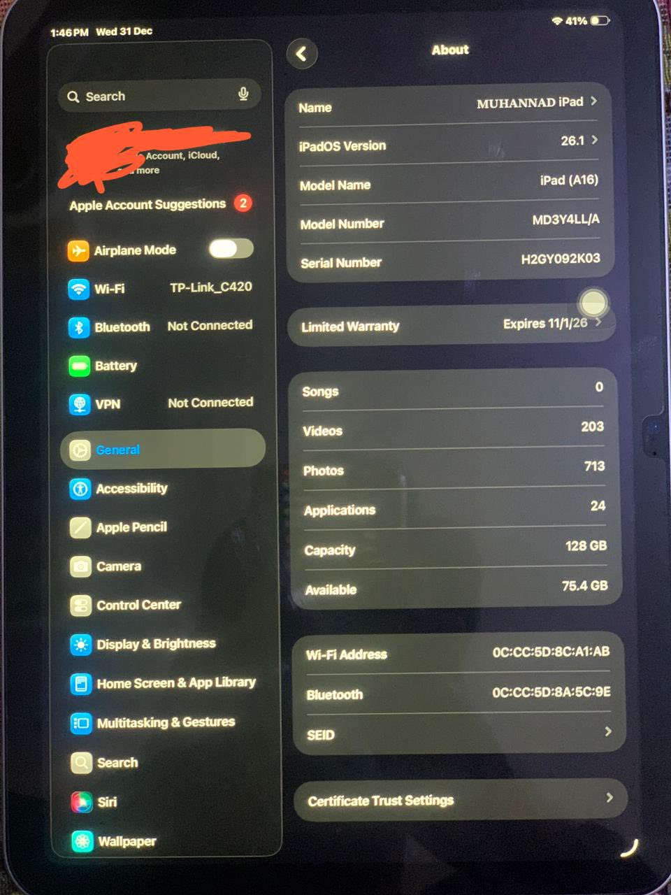 للبيع آيباد شبه جديد 🔥
آيباد iPad 11 عادي (A16)
الجهاز نظيف جداً وما مفتوح نهائياً
البطارية 100٪
مشتراه قبل 15 يوم فقط
ما مستعمل، بس انفتح للفحص
بالكرتون وكل ملحقاته الأصلية

🔹 السعة: 128GB
🔹 النظام: iPadOS 26.1
🔹 بدون أي خدش أو ملاحظة

البيع لعدم الحاجة
السعر قابل للتفاوض للجادين فقط
للاتصال والاستفسار على الرقم ***********
