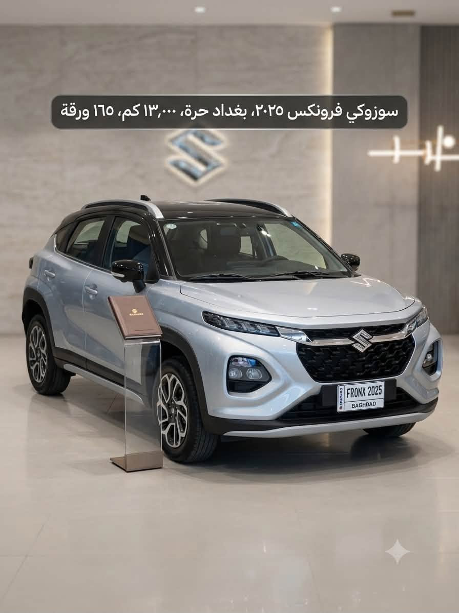 الماركة والنوع: سوزوكي فرونكس (Suzuki Fronx) - فئة الهجين الذكي (Smart Hybrid).
 الموديل: 2025.
 الوضعية القانونية: رقم بغداد، حرة (غير مطلوبة)، تحويل سنوية مباشرة.
 المسافة المقطوعة (العداد): 13,000 كم فقط (بحالة الوكالة).
 اللون: فضي ميتاليك مميز مع سقف أسود ملوكي بلونين (Two-tone).
⚙️ الحالة والمواصفات:
 حالة السيارة: بحالة ممتازة جداً ونظافة تامة، كير ومحرك وبودي بشرط الفحص (شغل واطلع).
 المواصفات الداخلية:
 شاشة عرض لمس وسطية تدعم كافه الأنظمة الحديثة.
 تحكم ستيرنج كامل.
 مقاعد مخمل بلون غامق وتصميم أنيق ومريح.
 فتحات تكييف خلفية منفصلة.
 زجاج ومرايا جانبية كهربائية.
 المواصفات الخارجية: إضاءة LED أمامية حديثة، حساسات خلفية بلادي، سبويلر خلفي رياضي.
💰 السعر وتفاصيل التواصل:
 السعر المطلوب: 165 ورقة ($16,500 دولار أمريكي).
 مكان المعاينة: بغداد


**إذا كنت صاحب هذا الإعلان وتريد حذفه لأي سبب، رجاءا أرسل رسالة إلى الدعم الفني**