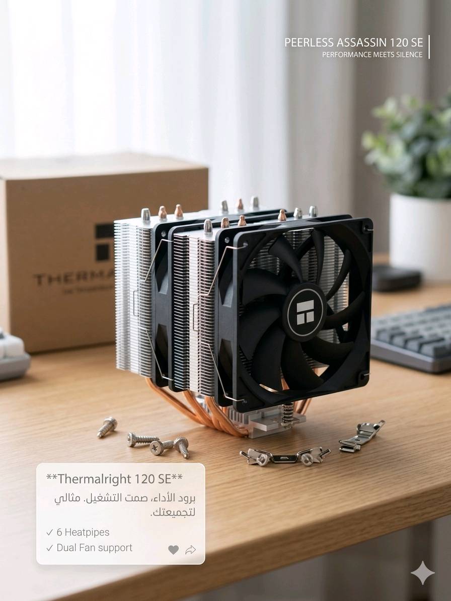 ​المبرد الاحترافي Thermalright Peerless Assassin 120 SE متوفر الآن ❄️🖥️
​يعتبر هذا المبرد الخيار الأول عالمياً للاعبين والمصممين بفضل تصميمه المزدوج الذي يضم برجين من الألمنيوم و6 أنابيب نحاسية بقطر 6 ملم لضمان سحب الحرارة من المعالج بأقصى كفاءة ممكنة، كما يأتي مزوداً بمروحتين طراز TL-C12C تدعمان خاصية PWM لتوفير تبريد هادئ وقوي يتناسب مع أجواء العراق الحارة ويضمن استقرار أداء جهازك أثناء الألعاب الثقيلة، وكل هذا متوفر بسعر تنافسي يبلغ [٤٠] دينار عراقي فقط، والبيع يتم عن طريق الاستلام المباشر  في كربلاء، أو التوصيل حسب الاتفاق