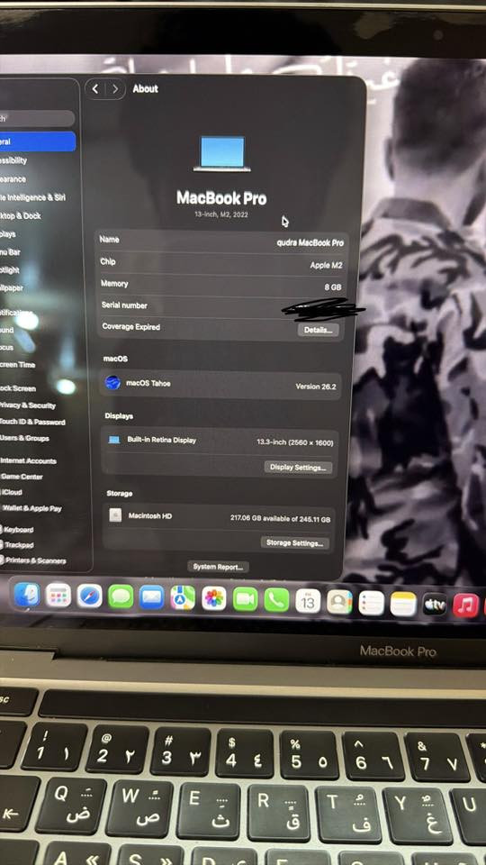 MacBook Pro m2
13.3 ing
2022
Ram: 8
SSD: 256
Battery :95 
Cycle: 75 
Price : 900.000 🔒 
*********** WhatsApp
