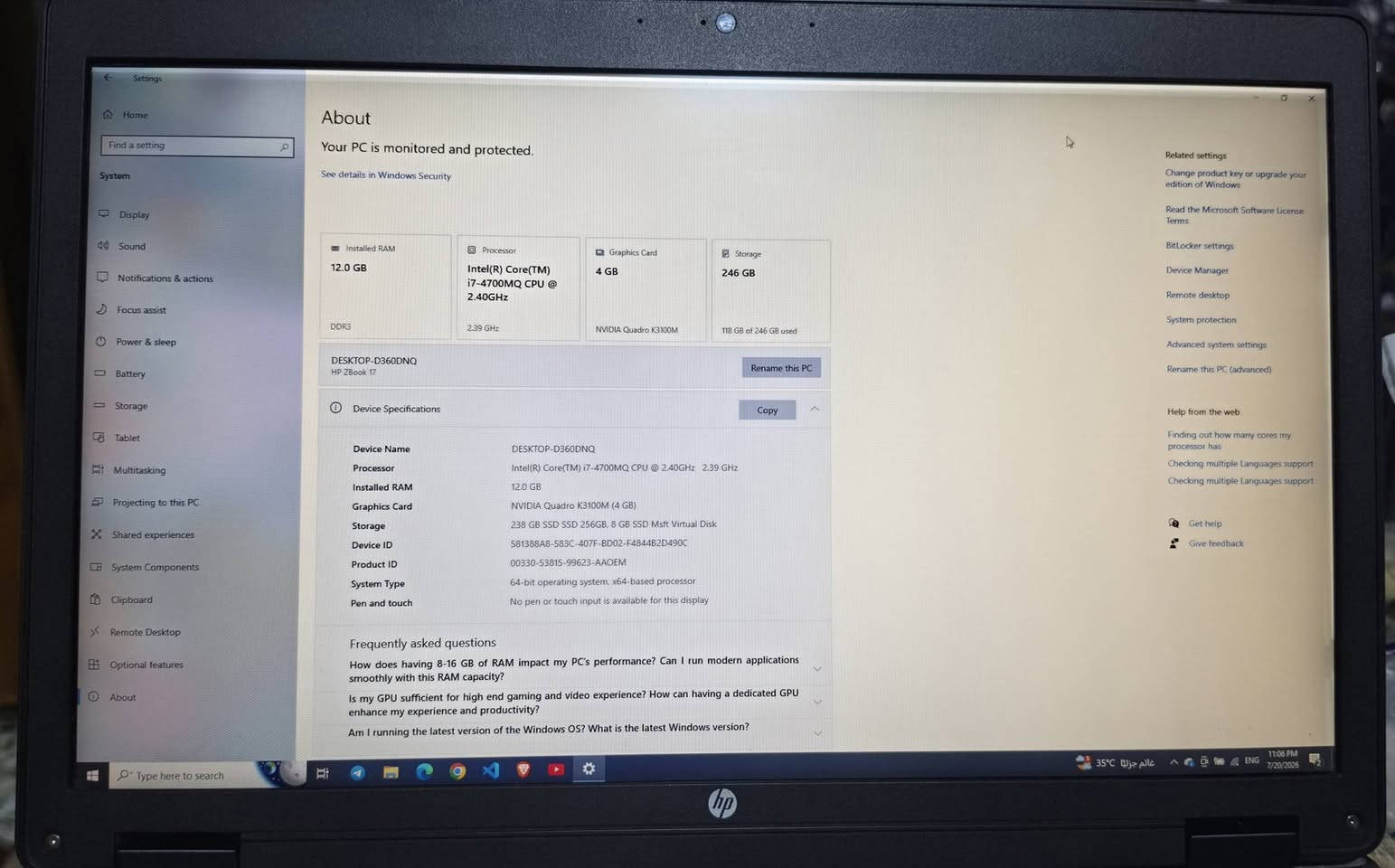 السلام ورحمة
لابتوب HP Zbook 17

المواصفات
المعالج:core i7 4700MQ
الرام :12GB DDR3 قابل للزيادة
الهارد:256GB  SSD
كارت الشاشة خارجي :NCIDIA QUADRO  K3100M 4GB
حجم الشاشة:17
نظام التشغيل :ويندوز 10 pro
-----------
مع الشاحنه الاصليه 230w
لابتوب نضيف استخدام شخصي 
السعر :200 الف -مكاني: بغداد الجديدة
رقمي *********** متواجد واتساب
