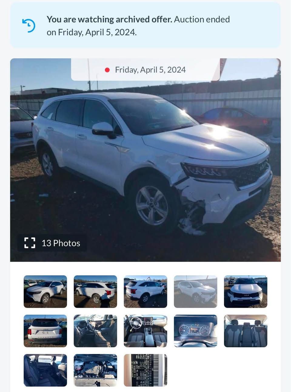سورينتو ٢٢ لون ابيض AWD
ليبل واحد، ايرباك سليم (بدون فتح او تبديل) 
محرك ٢٥٠٠ تنفس طبيعي (بدون تيربو)
٧ راكب، ماشية ٥٣ ميل
رقم بصرة تحويل
صور الحادث ورقم الشاصي بالمنشور
***********
