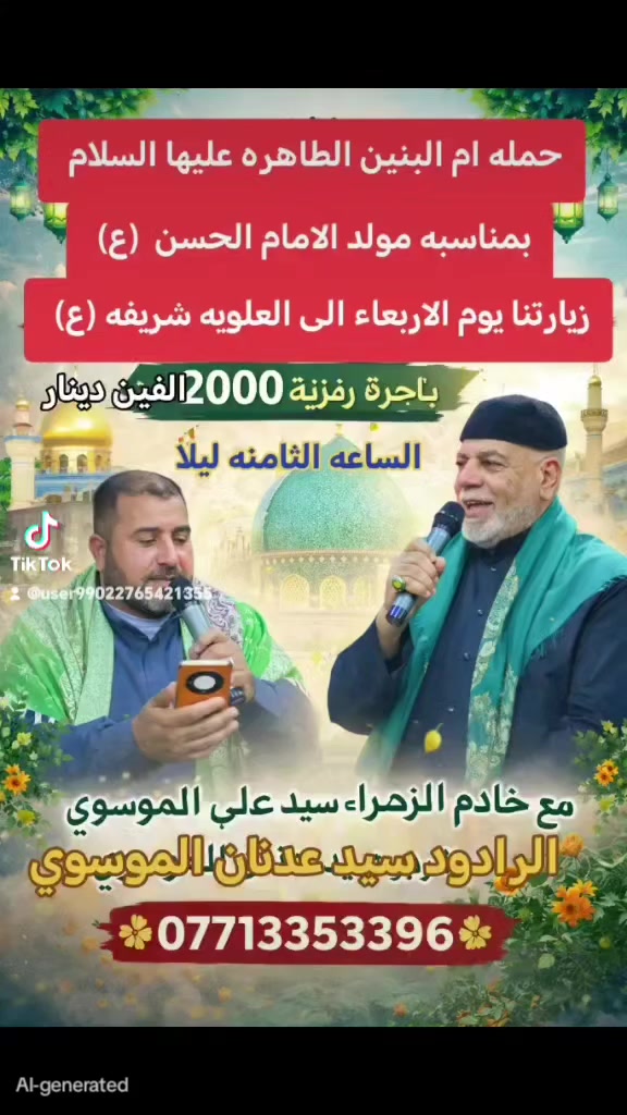 🌿✨ أشرقت الدنيا بنور سبط الرسول ✨🌿
مولد كريم أهل البيت
الإمام الحسن المجتبى (عليه السلام)
بقلوبٍ مفعمةٍ بالمحبة والولاء،
نتشرف بدعوتكم للمشاركة في زيارة مباركة
🔹 يوم الأربعاء إلى
العلوية الشريفة (عليها السلام)
🔹 بأجرة رمزية (2000) ألفين دينار فقط
خدمةً ومحبةً في هذا اليوم العظيم
برفقة
خادم الزهراء (عليها السلام)
السيد علي الموسوي
والرادود الحسيني
السيد عدنان الموسوي
📞 للحجز والاستفسار:
***********
***********
***********
اخوكم ثامر السعدي
