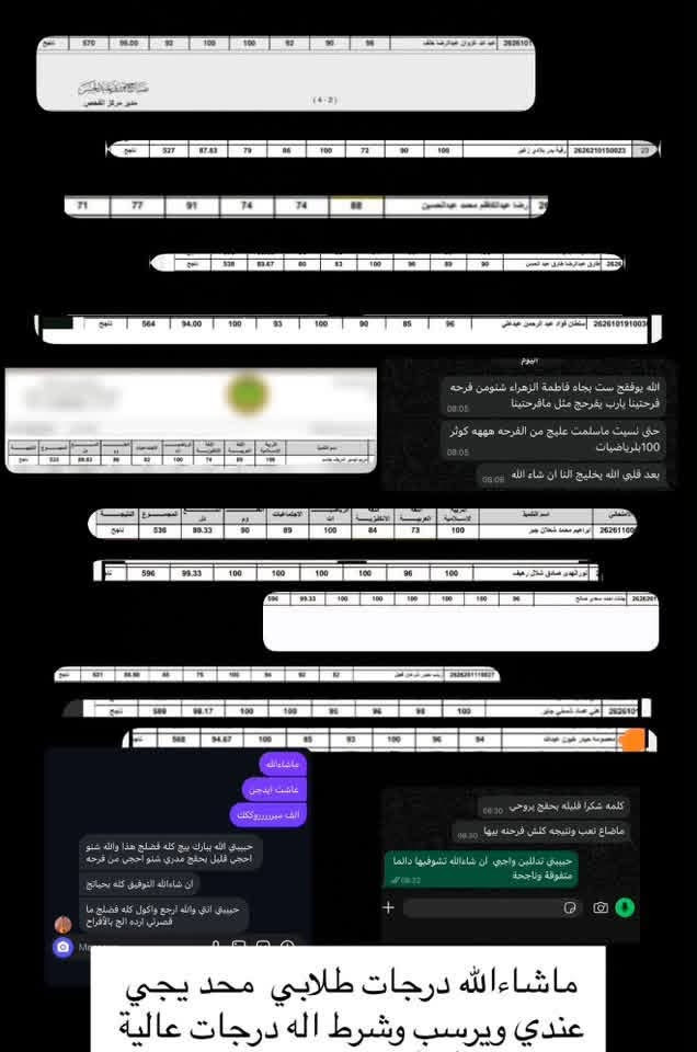 سلام عليكم
اعلن عن بدء دورات تقوية للصفوف الابتدائية من (رابع الى سادس )
ومتوسطة من (الاول الى الثالث ) ولكافة الدروس وباسعار مناسبة شرط النجاح بدرجات عالية 
وطلاب الدور الثاني هم نستقبل 
الاخوان الهم خصم 
عنواني :شهداء بالقرب من جامع القران الناطق 
للاستفسار اكثر راسلوني خاص 
او الاتصال ع رقم ***********
وهاي كدامكم جزء بسيط من درجات طلابي
