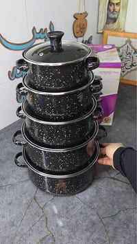 طقم قدور مينا • 5 قطع • أغطية زجاجية