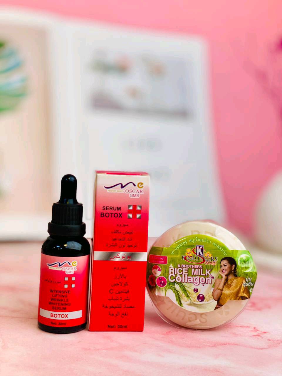 هذا العرض المميز يتضمن سيروم بوتوكس من Oscar GMS وصابون Rice Milk Collagen من K Brothers. يتميز السيروم بفعاليته في شد البشرة وتفتيحها، بينما يعمل الصابون على تغذية البشرة بالكولاجين الطبيعي لرطوبة ونعومة مثالية. تمتع ببشرة موحدة وخدود ممتلئة مع هذا الحل المتكامل للجمال الطبيعي.