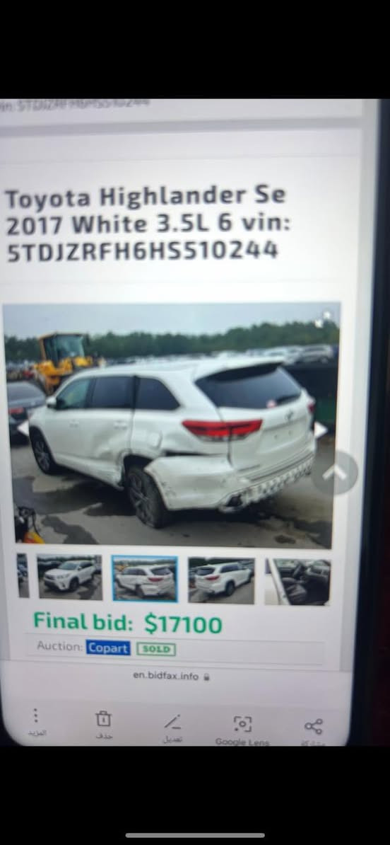 هايلندر موديل 2017  مواصفات المعروفهxle يعني فول السياره كما موضح ضرر
بالصور جاملغ معه الباب الخلفي ويوجد بالبنيد شبر تكحيل السياره جديده وجاهزه ورقم اربيل هزه
وفحص جديده والسنويه تنتهي 2030
السعر24الف  دولار يعني 240  ورقه للاستفسار وترهم مراوس فقط ب كورلاه هايبرد مكان السياره اربيل 
الاتصال بالرقم ***********
