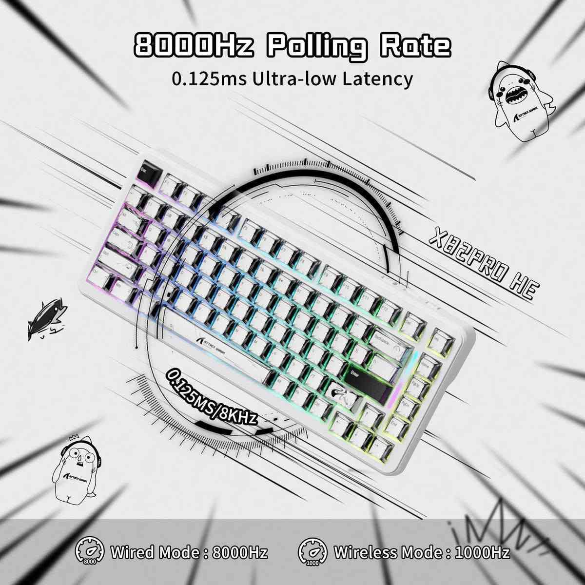 للبيع: كيبورد Attack Shark X82 PRO HE (إصدار Comic المميز) 
كيبورد مغناطيسي احترافي جداً لألعاب الـ FPS التنافسية، يدعم تقنية الـ Rapid Trigger لأسرع استجابة ممكنة، وبنسخة الكوميك (الرسمية) اللي تنطي شكل خرافي ومختلف للسيت أب.
📌 أهم المواصفات:
السويتشات: مغناطيسية (Hall Effect) استجابتها فورية وتتكيف حسب لعبك.
الأداء: يدعم ميزة الـ Rapid Trigger (ضرورية جداً للـ Strafing برينبو وأوفرواتش وفالورانت).
الاتصال: 3 أوضاع (وايرلس سريع جداً خالي من التقطيع، بلوتوث، وكيبل Type-C).
الحجم (Layout): 75% (حجم مثالي يوفر مساحة للماوس باد، وبنفس الوقت يحتوي على الأسهم والـ F-Keys).
التصميم: إصدار الـ Comic (أزرار أبيض وأسود بتصميم مانجا) مع إضاءة RGB أنيقة.
الحالة: نظيف جداً ومسويله تنظيف عميق (أخو الجديد)، الكيبورد شغال 100% وما بي أي مشكلة، سبب البيع هو الترقية لسيت أب جديد.
المكان: النجف  ( يُفضل تسليم باليد).
 السعر: [90 الف دينار]

***********
