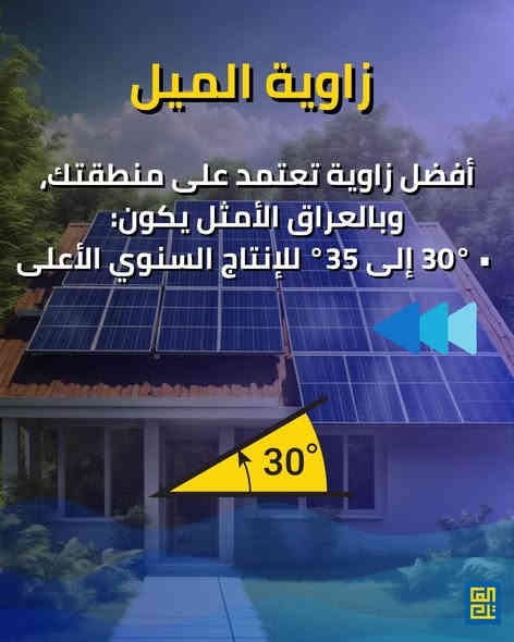 🔆 خلي ألواحك الشمسية تشتغل صح!

حتى تحصل على أعلى إنتاجية من منظومتك، ركّز على شغلتين مهمّات: الاتجاه و زاوية الميل.

✔ الاتجاه: خلي ألواحك متوجهة عالجنوب، لأن الشمس تمشي من هالجهة أغلب النهار.
✔ زاوية الميل:
 • طول السنة: 30° – 35°

💡 اختيار الزاوية والاتجاه الصحيح يزوّد إنتاج الممنظومة. 

🔧 استغل الطاقة الشمسية صح، وخلّي كل شعاع شمس يحسب!

—المهم زاوية صحيحة وضوء يوصل للوح.”

🔧 خدماتنا في العاتك تشمل:
– تصميم الأنظمة الشمسية حسب احتياجك
– تركيب احترافي بأعلى المعايير
– ضمان جودة
– استشارات مجانية لمساعدتك في اتخاذ القرار الأفضل

📍 سواء كنت صاحب منزل أو مؤسسة تجارية، الآن هو الوقت المثالي للاستثمار في الشمس!
📞 تواصل معنا ، ودعنا نرسم معًا مستقبلك بالطاقة الشمسية.

زورنا:
العراق - الديوانية - شارع للمواكب- خلف الاشراف التربوي

أو أتصل بنا:
 *********** 
 ***********

#العاتك_للطاقة_الشمسية ☀️
#طاقة_نظيفة #استدامة #توفير_الكهرباء #مستقبل_أخضر #اكسبلور

