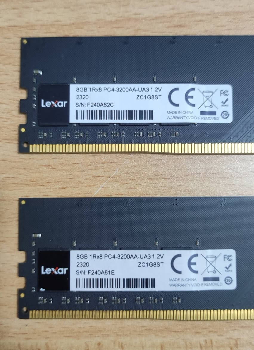 السلام عليكم
رامات للبيع 
LEXAR DDR4 2*8 3200
السعر 90 الف قفل سعر ثابت 
مكاني بغداد


**إذا كنت صاحب هذا الإعلان وتريد حذفه لأي سبب، رجاءا أرسل رسالة إلى الدعم الفني**