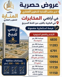 المنارة للتطوير العقاري على بركة الله نعلن عن شراء وبيع اراضي البكرية ...