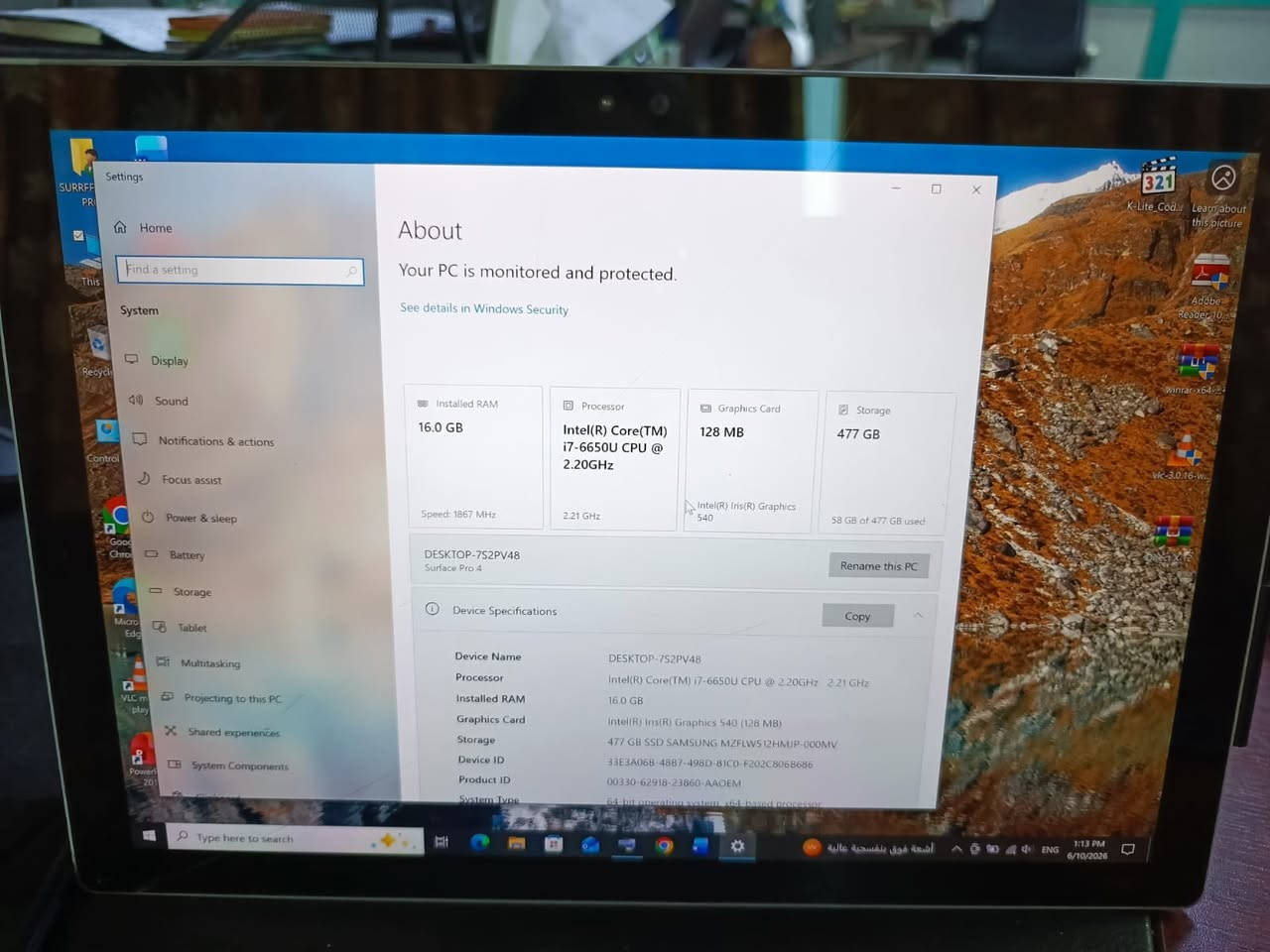 السلام عليكم إخوان تاب مايكروسوفت برو Microsoft pro 4المواصفات
Intel(R) Core(TM) i7-6650 CPU جيل السادس السريع جدا
- مع كارت الشاشة انتل  نوع iris graphic family INTEL 540  HD
-     شاشة 12.5(2736X1824)2K HD Display with LED
سامسونك- الهارد SSD M2 512 GB
وممكن اضافة رام خزن خارجي لغاية GB1000
- الرام 16جيجا DDR4
الجهاز جاي من امريكا - CAM -BT -HDMI ....الخ
الباتري نص عمر
بدون شاحن
برامج واوفيس   - ويندوز 10 64BIT مفعل اصلي مايكروسوفت سيرفيس
+ ومآوس وايرلس
ملاحظة الجهاز نظيف...... يوجد فطربالشاشة غير مؤثر اطلاقا اللمس متوقف والبقية شغال اداء عالي الجودةصورة وصوت بديعة
سعر المطلوب 100 الف دينار فقط نهائي بدون عملة اللي يفيدة الجهاز بهذا السعر       
وشكرا ***********واتس ايضا
