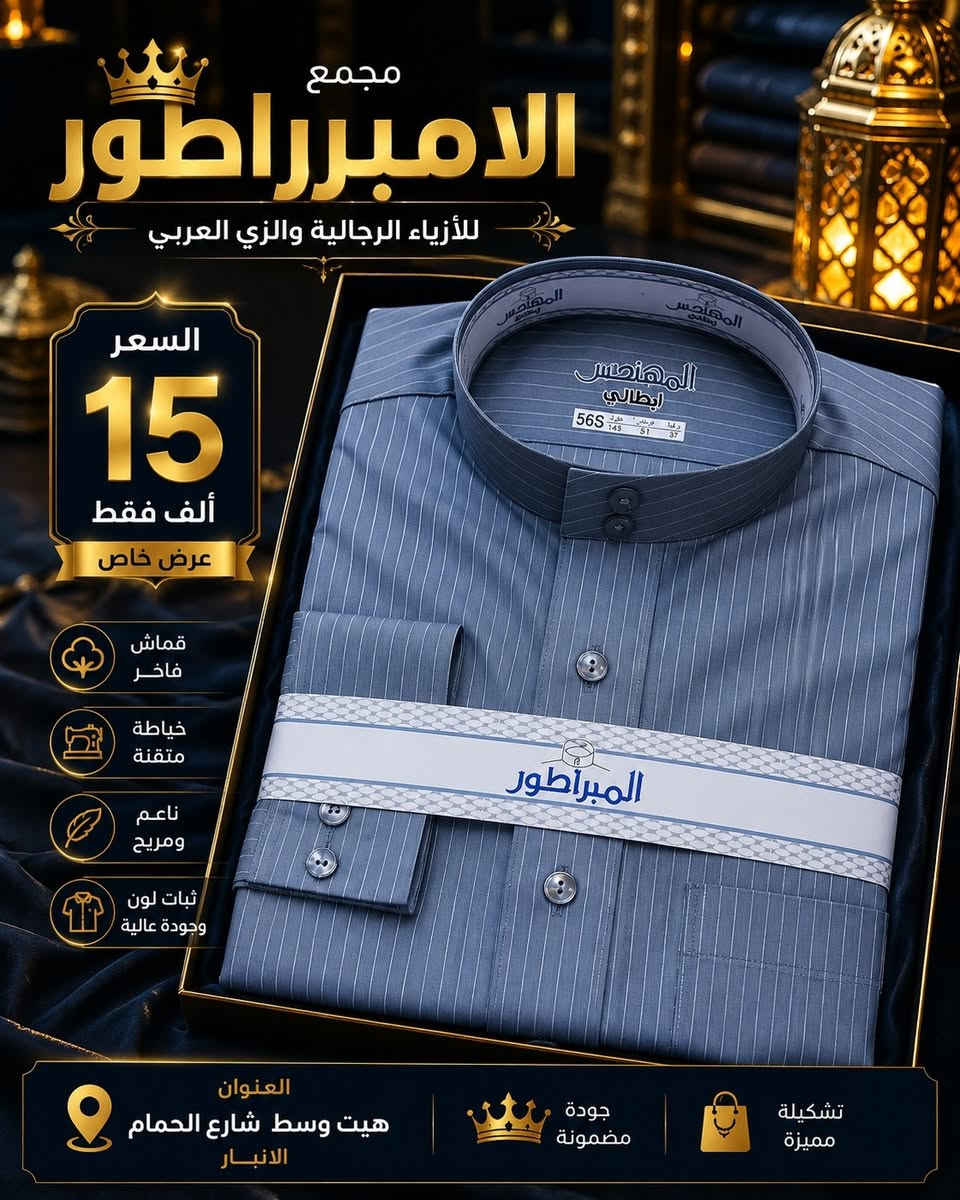 صلِ على سيدنا محمد 
@دشداشه رجالي #فلات #بزمه
بسعر 15 الف فقط
�جديد مع 
#مجمع_الامبراطور_للازياء_الرجاليه_والزي_العربي😌👍
😍🙀
 قديمنا جديد وجديدنا لا ينتهي😍🙀
ما تجدوه لدينا لا يحصل  الكثيرون 🚖🛵😍
😍👍توجد تشكيله واسعه داخل المجمع😍👍
لسنا لوحيدون لاكننا لافضل😉😍
لا تنسو اعجابكم  بالبيج👍👍
غايتنا ارضاء الزبون 🍁
الــــــــــــــــــــــــــــعـــــــــــــــــــــــــــــــــــــنوان
#الانبار_هيت_شارع_الحمام


**إذا كنت صاحب هذا الإعلان وتريد حذفه لأي سبب، رجاءا أرسل رسالة إلى الدعم الفني**