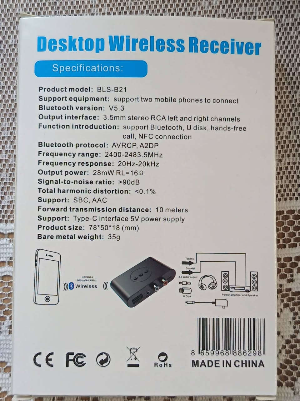 جهاز استقبال صوت لاسلكي (Bluetooth Receiver) موديل BLS-B21. يدعم بلوتوث إصدار 5.3 أو 5.2 (حسب المورد) لاتصال مستقر وسريع. يحتوي على تقنية NFC للاتصال السريع بلمسة واحدة.
المنافذ: مزود بمخرج صوت 3.5 ملم (AUX) ومخارج RCA لتوصيله بمكبرات الصوت أو أنظمة الاستريو المنزلية/السيارة.ميزات إضافية: يدعم تشغيل ملفات الموسيقى من فلاشة USB ومكالمات بدون استخدام اليدين.

متوفر ١١ قطعة بسعر ٣ الاف دينار للقطعة جملة 

التواصل عالخاص او واتساب ***********. يوجد توصيل لكل المحافظات.
جهاز استقبال صوت لاسلكي (Bluetooth Receiver) موديل BLS-B21. يدعم بلوتوث إصدار 5.3 أو 5.2 (حسب المورد) لاتصال مستقر وسريع. يحتوي على تقنية NFC للاتصال السريع بلمسة واحدة.
