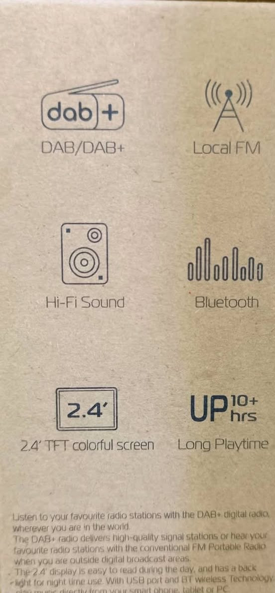 راديو رقمي محمول من العلامة التجارية Mycket، وتحديداً موديل HS-D009. 
الاتصال: يدعم تقنية بلوتوث 5.0 لتشغيل الموسيقى لاسلكياً.
نوع الراديو: يدعم محطات DAB/DAB+ و FM مع شاشة ملونة مقاس 2.4 بوصة لعرض المعلومات.
الطاقة: يعمل ببطارية ليثيوم قابلة للشحن بسعة 2200mAh، تدوم حتى 12 ساعة من التشغيل.
الميزات: يحتوي على منبهين مستقلين، مؤقت للنوم، وإمكانية تخزين حتى 40 محطة راديو.
السعر 🥊25000👉🏻


**إذا كنت صاحب هذا الإعلان وتريد حذفه لأي سبب، رجاءا أرسل رسالة إلى الدعم الفني**