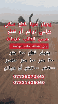 يتوفر قطع زراعي سكني للبيع 
يتوفر 200 متر 300 م  400 م  500 م  1000 م
 يتوفر دوانم 
خدمات متوفره من ماء وكهرباء ومدارس 
سند 25 تحويل باسم المشتري 
الموقع  خلف جامعة بابل 
 خلف مقام نبي الله ابراهيم الخليل ع 
قرب مقام شريفه ع 
مناطق اطفيل 
للاستفسار الاتصال 
***********
***********
