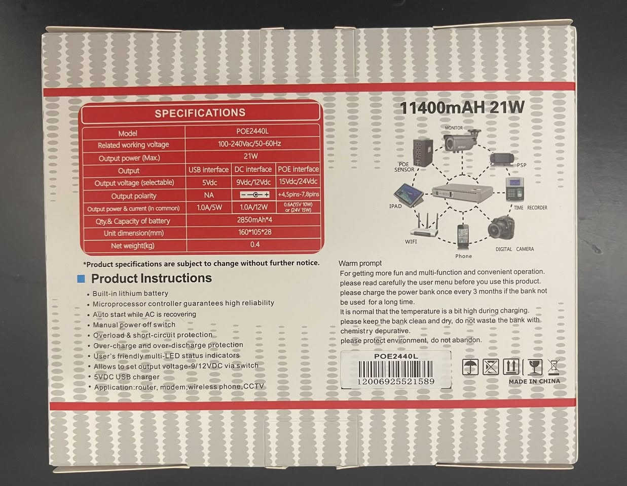 جهاز UPS  للنانو والراوتر اصلي ضمان. انتاج جديد
ليش تختار  UPS موديل POE2440L  
21w -11400mAh
انتبه القوة مالته 11400mAh مو8800mAh 
🔸 جهاز مصنع خصيصا الك– موديل POE2440L، مو منتج تجاري عادي بالسوق
🔸 مناسب لأغلب الأجهزة: كاميرات انالوك، راوترات، أجهزة نانو، DVR 4,8channel ، تلفاز، موبايلات، آيبادات، وحتى سويتشات

🔸 فولتية متغيرة حسب احتياجك.
🔸 بطارية ليثيوم تدوم حتى 11 ساعات شغل متواصل

🔸 عدد منافذ كافي يغطي نظام المراقبة بالكامل، مع منفذ خاص لجهاز التسجيل

🔸 ضمان شهر كامل على العطل المصنعي
🔸 تصميم حديد متين يتحمّل الاستخدام القوي والطويل

للطلب والاستفسار:
📩 راسلنا عبر الصفحة
او الاتصال على: 
📞 ***********-***********
