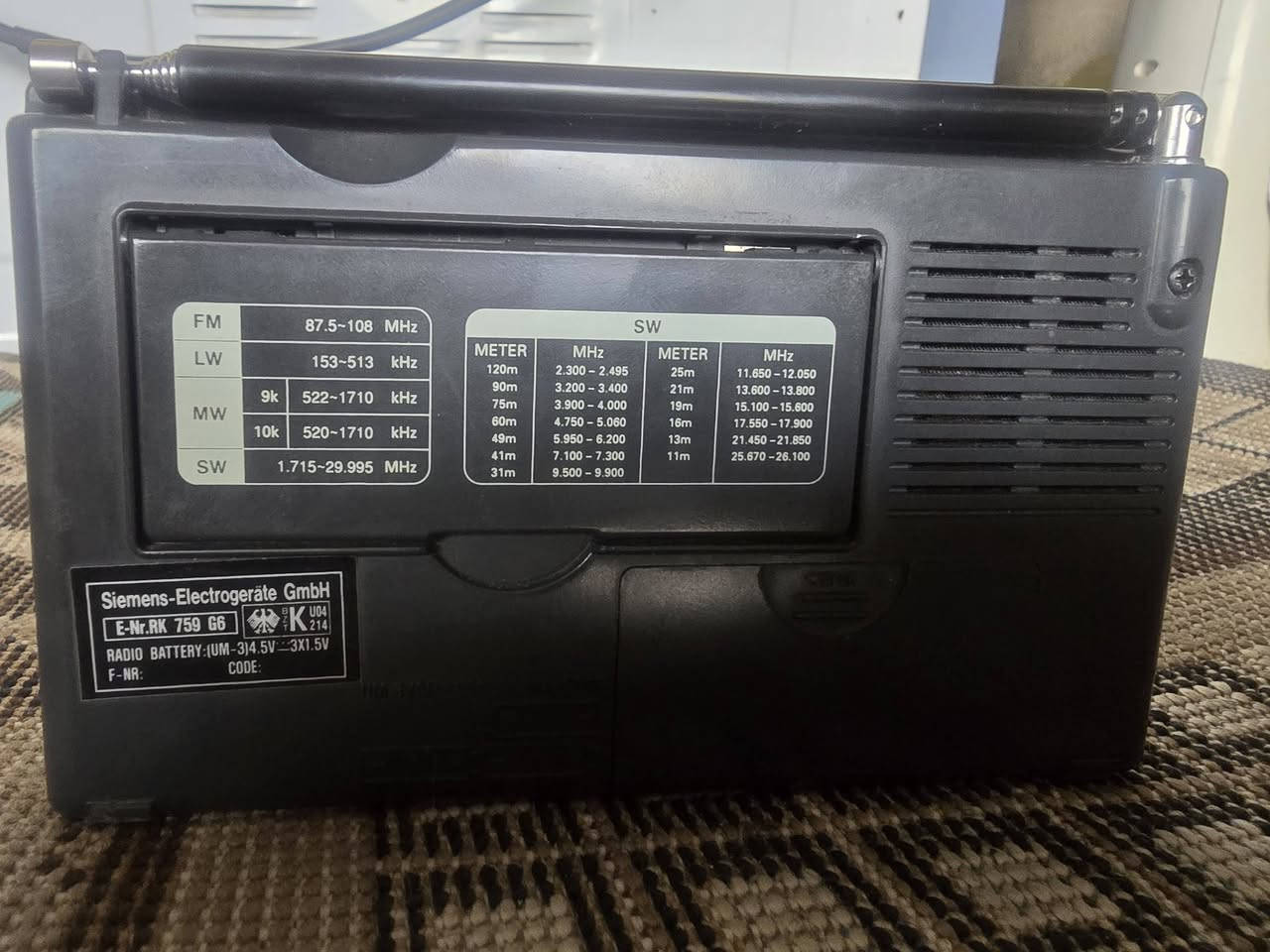 سيمنز الماني ٧ موجات لك سعر ١٠٠ الفFM

LW

87.5-108 ميجاهرتز

153-513

كيلوهرتز

MW

60 مترًا

9 كيلوهرتز

522-1710 كيلوهرتز

75 مترًا

10 كيلوهرتز

520-1710

كيلوهرتز

49 مترًا

1715-29995 ميجاهرتز

31 مترًا

شركة سيمنز للأجهزة الكهربائية المحدودة

رقم التسجيل: RK 759 G6 K

بطارية الراديو: (UM-3) 4.5 فولت، 3 × 1.5 فولت

F-NR:

الرمز

SW

العداد

120 مترًا

ميجاهرتز

العداد

ميجاهرتز

2300-2495

25 مترًا  11.650-12.050

90 مترًا

3.200-3.400

21 مترًا

13.600-13.800

3.900-4.000

19 مترًا

15.100-15.600

4.750-5.060

16 مترًا

17.550-17.900

5.950-6.200

13 مترًا

21.450-21.850

41 مترًا

7.100-7.300

11 مترًا

25.670-26.100

جنوب غرب

9.500-9.900

يو إم إيه

(بطارية قلوية)

بطارية


**إذا كنت صاحب هذا الإعلان وتريد حذفه لأي سبب، رجاءا أرسل رسالة إلى الدعم الفني**