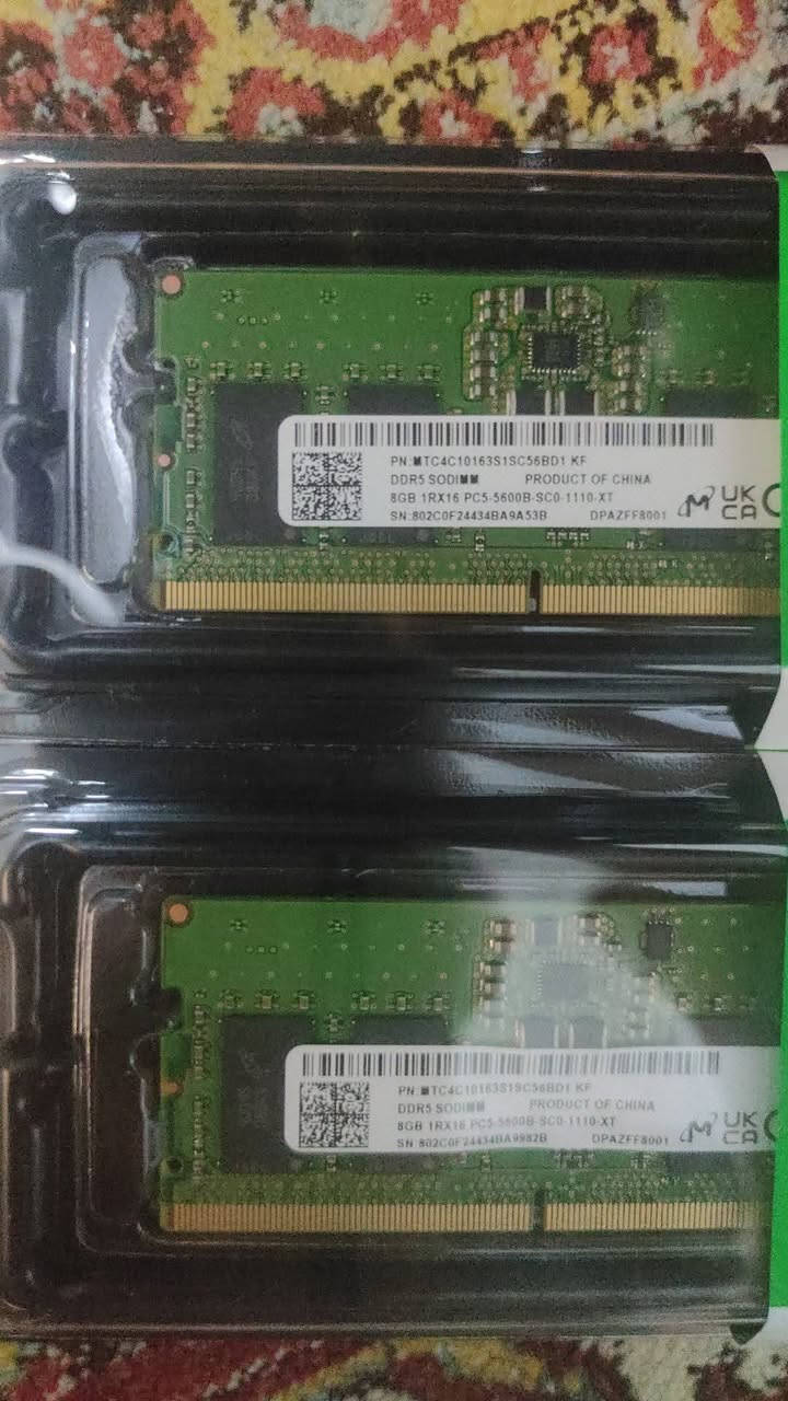 للبيع رامات لابتوب أصلية (ASUS Original)
عندي رامات لابتوب أسوس أصلية (نظيفة جداً وشغالة 100%) للبيع:
​DDR5 5600MHz: قطعتين مجموعهم 16GB. (سعر الجديد بالنبع (395.000 ألف). ملاحظة هذني الرامات مال لابتوبي asus rog strix G18 اجت بالجهاز 16 وطورتهن 32 يعني شبه ممتستخدمهن بس يوم 
​سعر البيع: [ 350 ألف].
​DDR4 3200MHz: قطعتين مجموعهم 16GB. (سعر الجديد بالنبع
 (315.000 ألف).
​سعر البيع: [ 250.000 ]. ملاحظة وحدة بيهم adata والثاني اسوس الاصلي الموجود باللابتوب asus tuf gaming 
​القطع أصلية ومفحوصة
المجموع 600.000 قفل
للاتصال ***********
