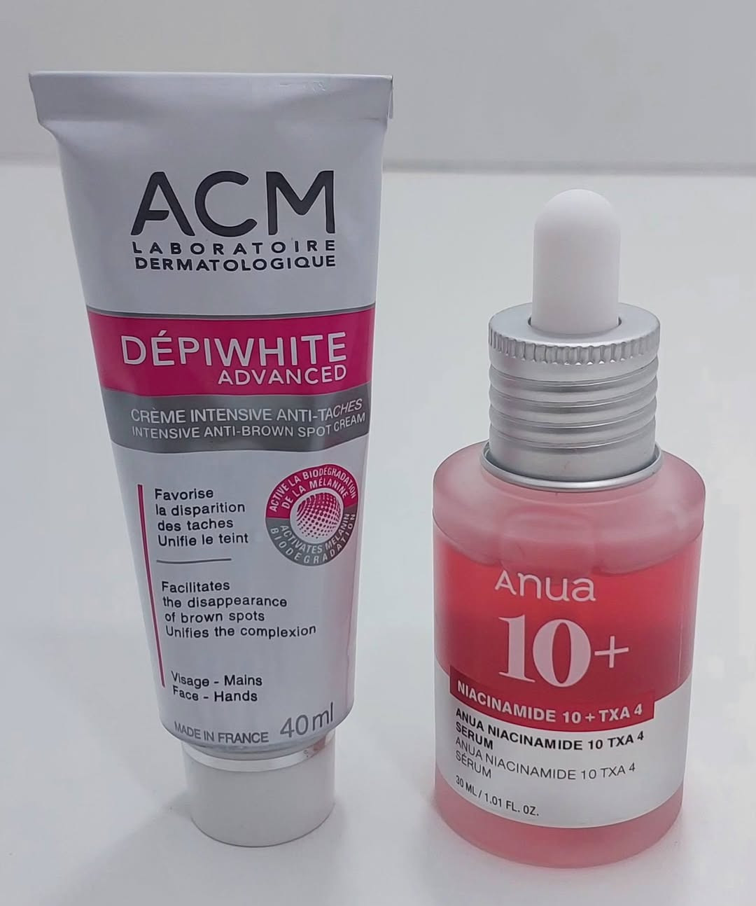 ✨ ثنائي التفتيح والتصبغات الأقوى ✨
🔹 كريم ACM Dépiwhite
يفتح ويوحد لون البشرة ويقلل البقع الداكنة 🤍

🔹 سيروم Anua Niacinamide + TXA
يعالج التصبغات ويمنح إشراقة وصفاء ✨

💫 الثنين يكملون بعض لبشرة صافية وموحدة

لمعرفة السعر المراسلة على الخاص


**إذا كنت صاحب هذا الإعلان وتريد حذفه لأي سبب، رجاءا أرسل رسالة إلى الدعم الفني**