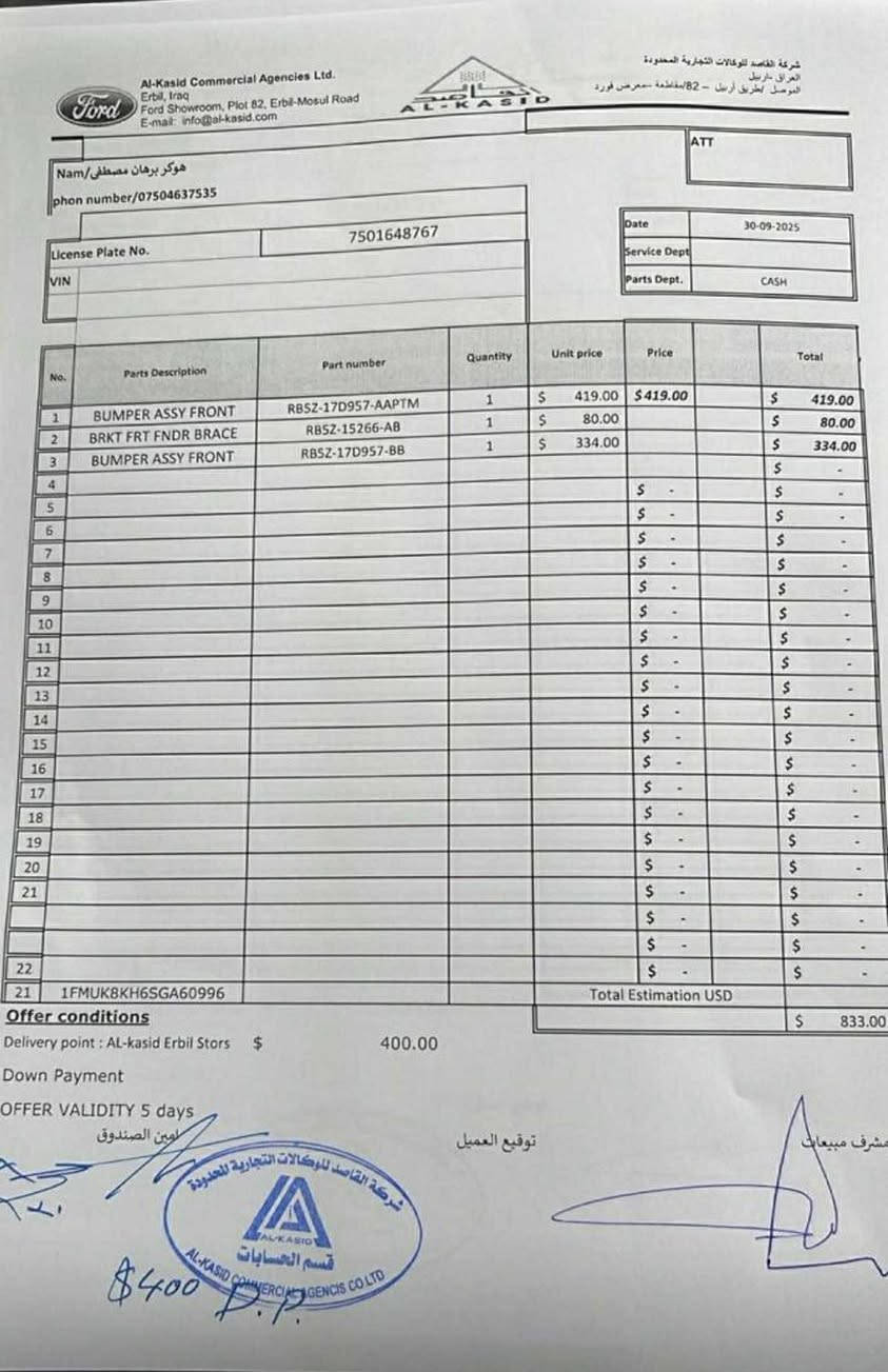 موديل 25 ماشيه 8 آلاف داخله بكتاب شهداء لون ابيض حاليا بالورشه تستلم مصلح وجاهز كاصلهه غراض القطع غيار من شركه القاصد يعني وكاله 
 سياره حلوه وبالعافيه على الياخذها سعرها 223 رقمي ***********
