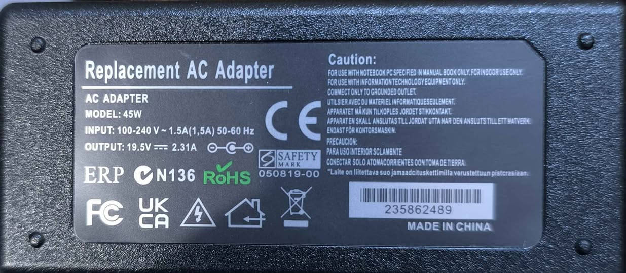 🪫 شاحنی لابتۆپ 45W 🔌 (نوێ)
💻 گونجاو بۆ زۆر لابتۆپ (HP و هاوشێوە)
⚡ توان: 45 وات
🔌 وڵتاژ: 19.5V – 2.31A
🌍 Input: 100-240V (بە هەموو وڵاتەکان کار دەکات)
🧩 سەر: گرد (ناوەوە شین)
✅ کوالێتی باش
✅ خێرا شحن دەکات
✅ گونجاو بۆ Notebook
💰 نرخ: 12,000 دینار
📦 یەک دانە بەردەستە
🚚 ناردن هەیە بۆ هەموو شوێن أربيل, العراق


**إذا كنت صاحب هذا الإعلان وتريد حذفه لأي سبب، رجاءا أرسل رسالة إلى الدعم الفني**