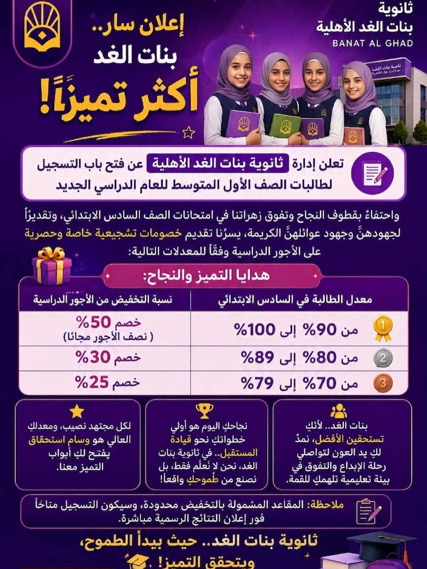 تعلن إدارة ثانوية بنات الغد الأهلية

عن فتح باب التسجيل لطالبات الصف الأول المتوسط للعام الدراسي الجديد 

العنوان: الغربي - شارع حسينية ال جياد
للأستفسار: ***********
