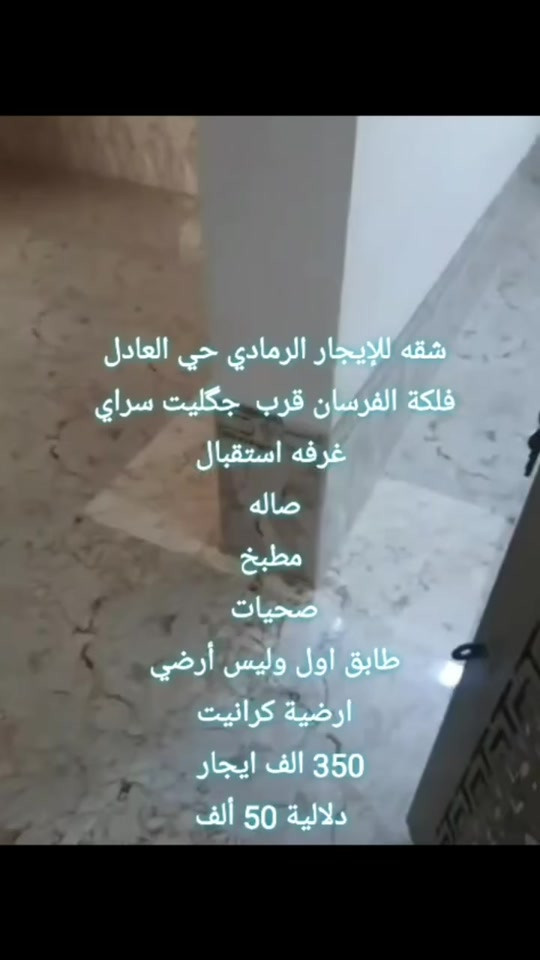 شقه للإيجار الرمادي حي العادل  فلكة الفرسان قرب  جگليت سراي  غرفه استقبال صاله  مطبخ صحيات  طابق اول وليس أرضي  ارضية كرانيت  350 مجال بسيط    دلالية 50 ألف من المستأجر  تسلم فور الاتفاق    لطلب المعاينة والاتفاق يرجى التواصل حصراً واتساب فقط واتساب فقط   ‎***********  ✒️   عندك بيت للإيجار وتريد تأجره راسلنا وتدلل نأجره بأسرع وقت  . . . #عقارات #مكتب_عقارات #دوانم #دونم #طابو_زراعي 
