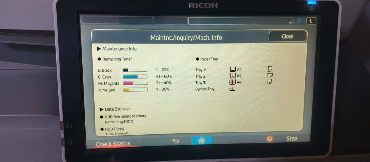 مواصفات عملاقة  الطابعة اسمه ريكو  MP C4504 طباعة ليزرية بودر متعددة الاستعمالات نظام ايكو وتربط حتى من الموبايل وايرليس وبلوتوث وايثرنت بذاكرة ٥٠٠ كيكا طباعة وجهين ملازم وكل شي فول مواصفات لتواصل ***********
