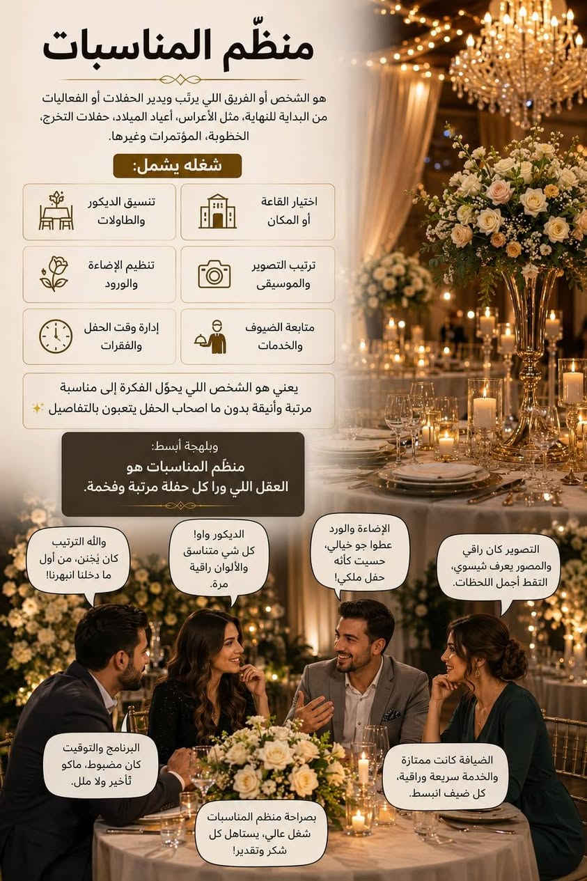 مو بس تنظيم حفلات…
إحنا نهتم بكل تفصيلة حتى تعيش يومك براحة وفرحة بدون تعب 🤍
من الديكور والتنسيق
لحد ترتيب الأجواء والتفاصيل الصغيرة
فريقنا يشتغل بذوق، دقة، ولمسات تخلي مناسبتك مختلفة بكل معنى الكلمة ✨
🎉 أعراس
🎂 أعياد ميلاد
💍 خطوبة وملجة
🌸 تنسيق ورد وديكورات
📸 ترتيب جلسات وتصوير
🎶 تجهيز كامل للأجواء
💎 باقات تناسب كل الأذواق والميزانيات
وبأسلوب يليق بذوقك ويخلّي يومك مميز بكل لحظة 🤍
📍 الموقع: صلاح الدين – الدجيل والأطراف
📩 للحجز والاستفسار *********** او
 مراسلتنا مفتوحة دائماً
"إحنا نصنع تفاصيل تبقى بالذاكرة" ✨
