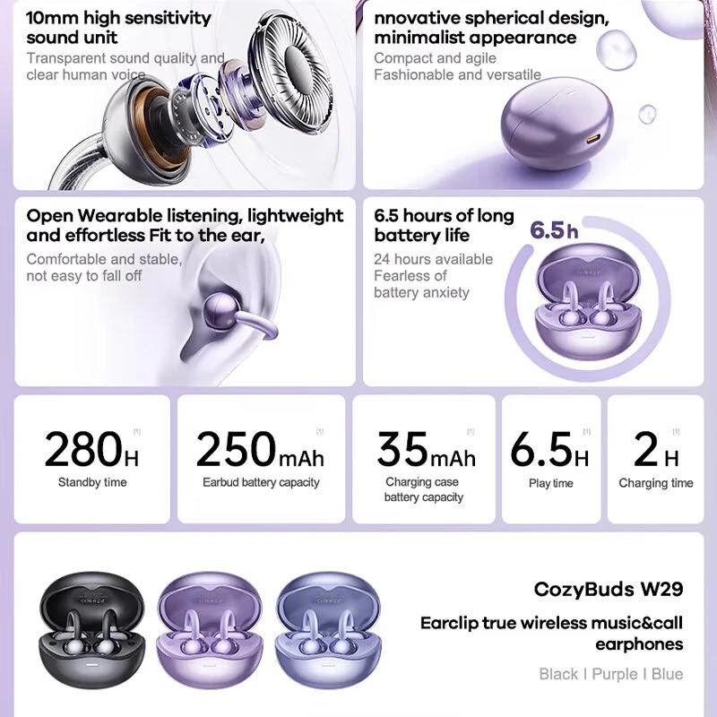 ⁨	سماعات REMAX CozyBuds W29
سعر السماعة 23 الف فقط
الاصلية تأتي مع الفسفورة من الشركة
نوع: Open-Ear (تُثبت على الأذن بدون إدخال داخلها)
بلوتوث اتصال سريع وثابت 
تصميم Ear Clip مريح وخفيف
تدعم المكالمات + ميكروفون مدمج
صوت ستيريو واضح
علبة شحن 250mAh تعطي استخدام أطول 
شحن كامل خلال حوالي ساعة الى ساعتين 
مدى الاتصال: حتى 10 متر 
سماعات بحجم 10mm لصوت أفضل (مناسب للرياضة والشارع) 
مريحة للاستخدام الطويل
خفيفة وسهلة الحمل⁩


**إذا كنت صاحب هذا الإعلان وتريد حذفه لأي سبب، رجاءا أرسل رسالة إلى الدعم الفني**