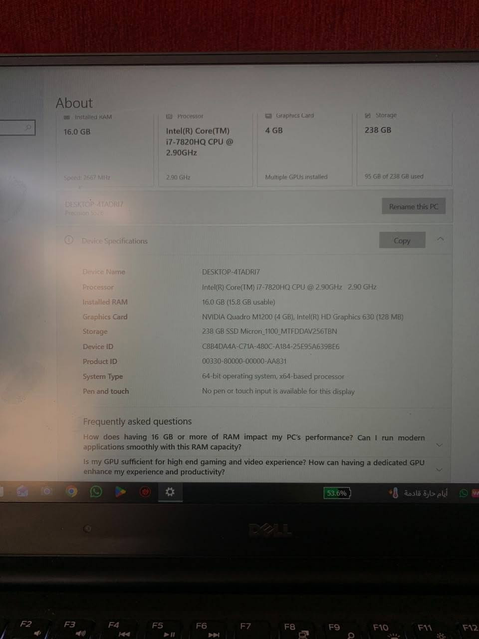 لابتوب DELL للبيع نضيف كلش
 i7 gen 7 hq
كرت خارجي ٤  رام ١٦
حجم الشاشة 15
 سوبر سلم
السعر 370 الف وبي مجال شي بسيط 
الرقم ***********

