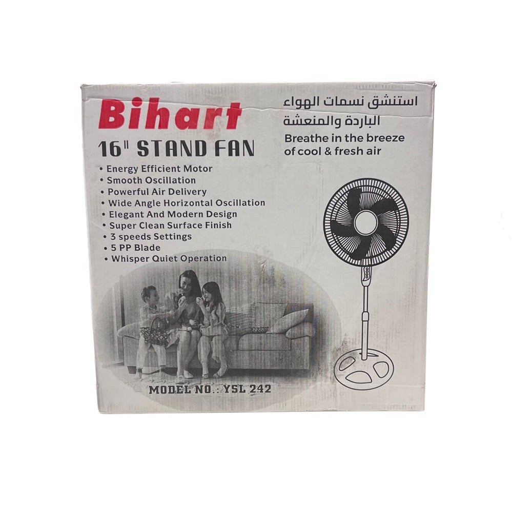 مروحة Bihart الأرضية 16 إنچ قطعتين بسعر واحد

• مروحة أرضية عملية بتصميم عصري مناسبة للبيت، المكتب أو الاستخدام اليومي

• مزودة بمحرك موفر للطاقة مع توزيع هواء قوي وثابت

• تدعم حركة تذبذب أفقية واسعة لتوزيع الهواء بشكل أفضل

• تحتوي على 3 سرعات تشغيل للتحكم بقوة التهوية

• شفرات PP عدد 5 مع تشغيل هادئ (Whisper Quiet Operation)

• تصميم أنيق مع سطح خارجي سهل التنظيف وتشطيب مرتب

• إمكانية تعديل الارتفاع والتحكم بحركة الدوران

• الماركة: Bihart
• الموديل: YSL242
• نوع المنتج: Stand Fan
• المقاس: 16 إنچ
• الفولتية: 220–240V
• التردد: 50Hz
• القدرة: 40W
• عدد السرعات: 3
• عدد الشفرات: 5 PP Blade
• الابعاد: طول 1/ 107 سم
              طول 2/ 124 سم
              القطر 44 سم

محتويات العلبة:
• المروحة الأرضية
• القاعدة
• أنبوب التثبيت
• ريش المروحة
• الشبك الأمامي والخلفي
• كتيب التعليمات
