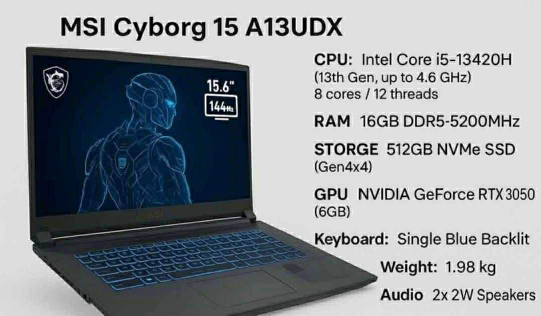 المواصفات ..
CPU: Intel Core i5-13420H (13th Gen, up to 4.6 GHz)
8 cores / 12 threads
RAM 16GB DDR5-5200MHz
STORGE 512GB NVMe SSD
(Gen4x4)
GPU NVIDIA GeForce RTX 3050
(6GB)
Keyboard: Single Blue Backlit
Weight: 1.98 kg
Audio 2x 2W Speakers كركوك, العراق


**إذا كنت صاحب هذا الإعلان وتريد حذفه لأي سبب، رجاءا أرسل رسالة إلى الدعم الفني**